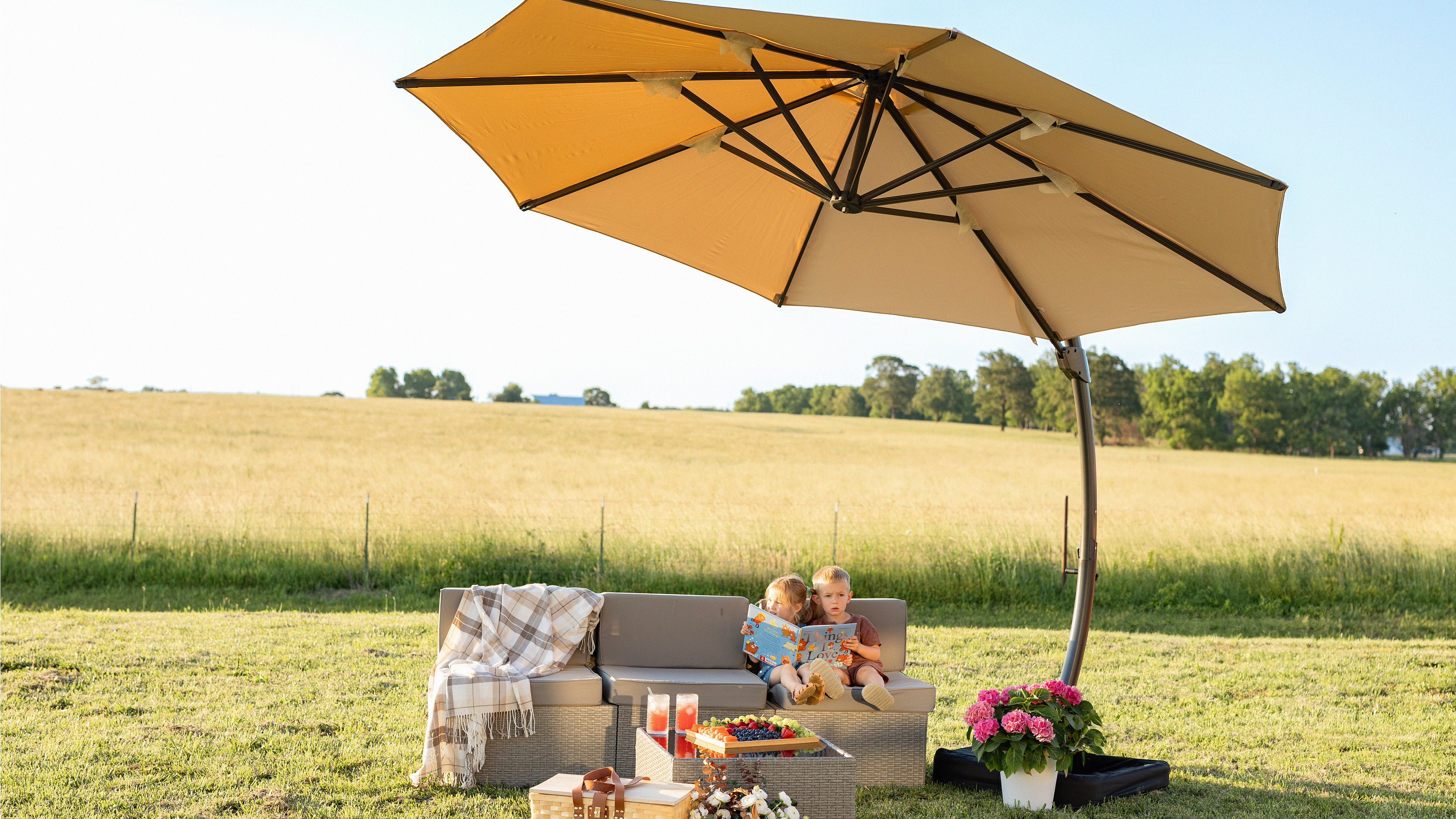 10-feet deluxe offset patio umbrella GRAND Patio 10x13 ft Patio Umbrella with Base, Acrylic Outdoor Cantilever Aluminum Umbrella, 5-Year-Non-Fading Rectangular Offset Umbrella with Cover