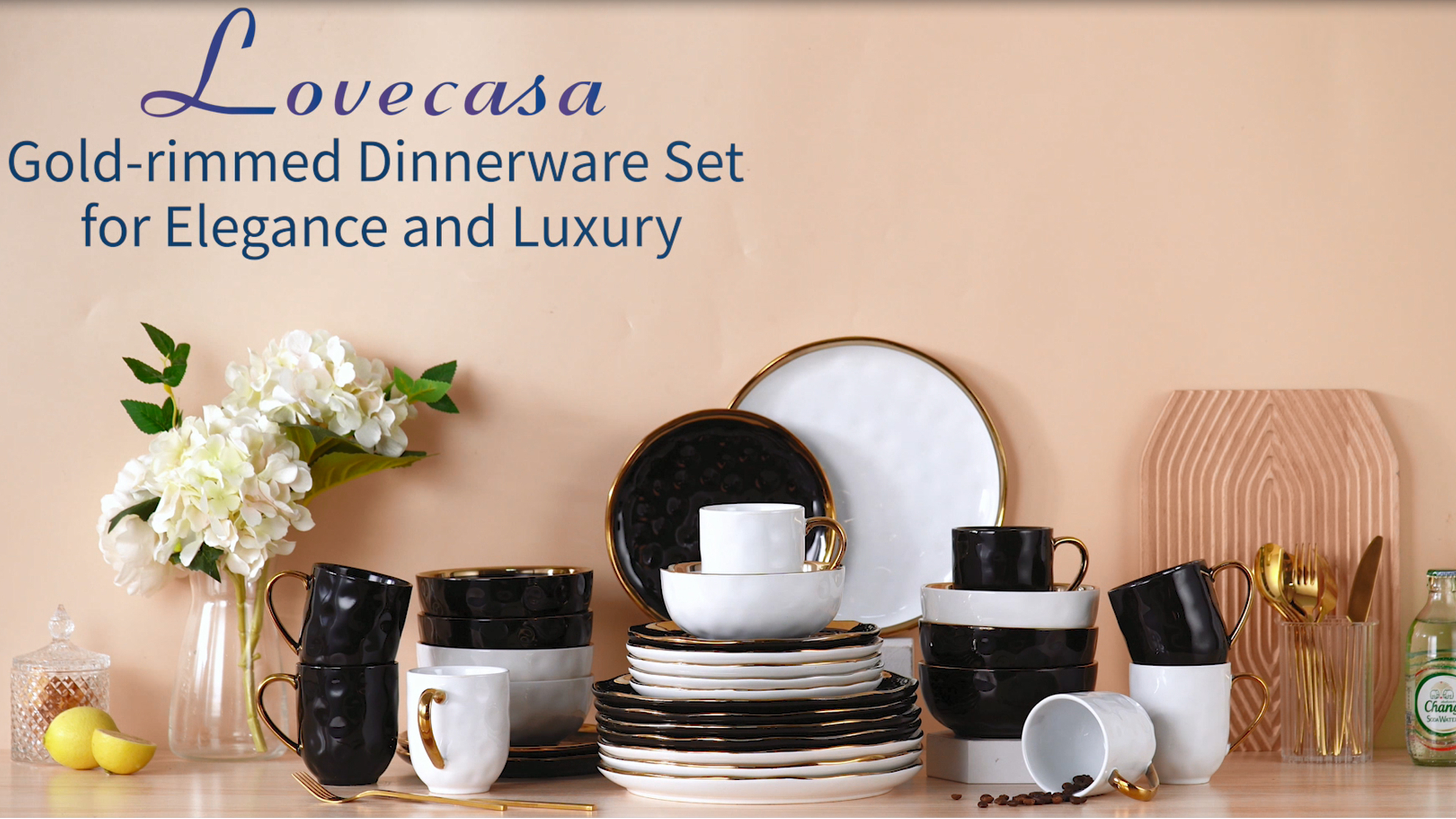 LOVECASA Black and Gold Dishes Sets, Stoneware Dinnerware Sets for