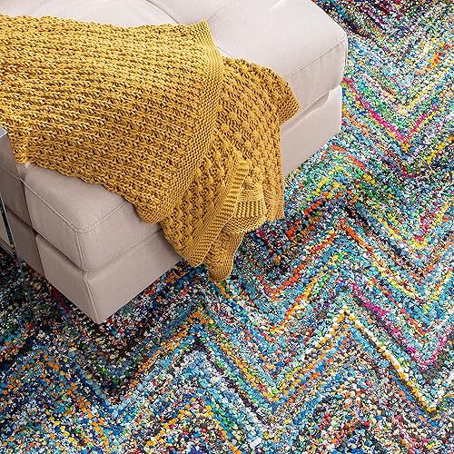 Miniatura 7 de SAFAVIEH Nantucket Collection - Alfombra decorativa de 4 x 6 pies, azul y multicolor, hecha a mano moderna abstracta de algodón cheurón, ideal para