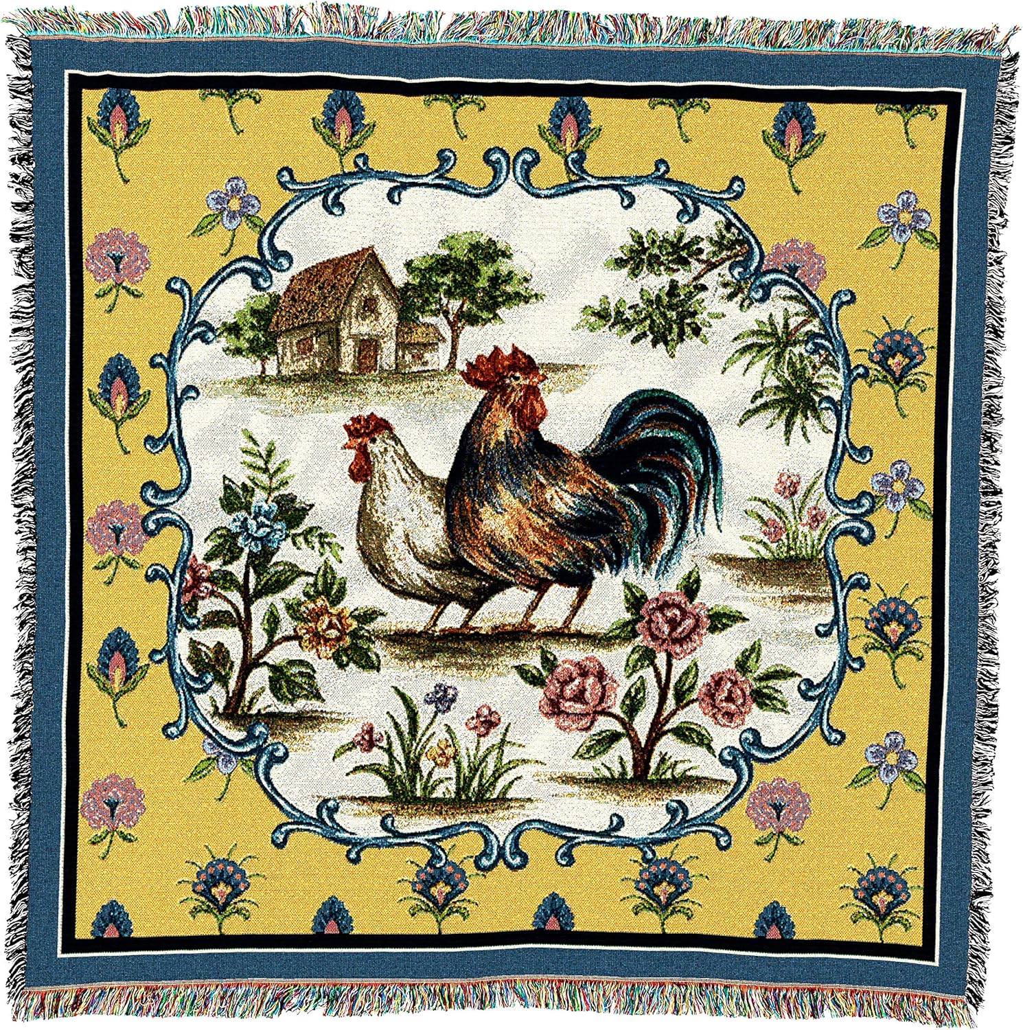 Country Roosters Blanket by Peter Lou - Country Farm Gift Lap Square Tapestry Throw Woven from Cotton - Made in The USA (54x54)