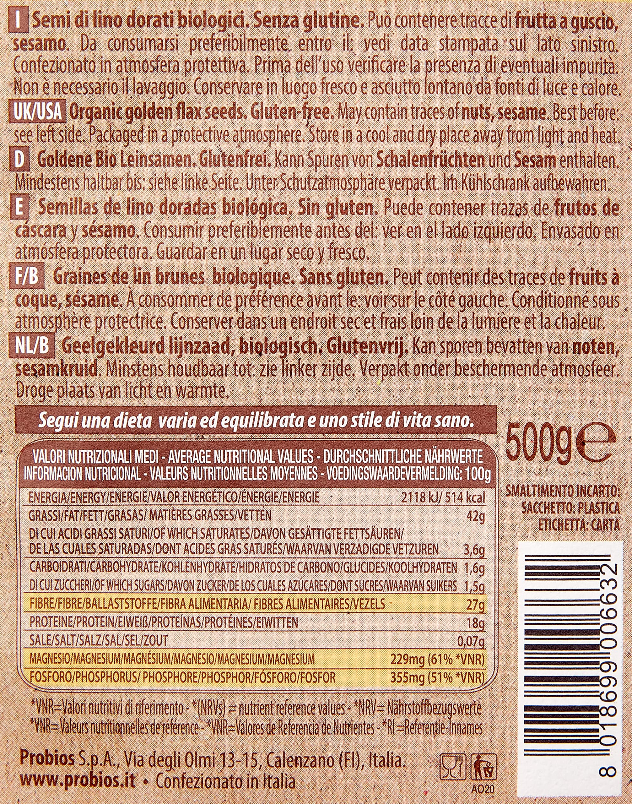 Probios Semillas de Lino Dorado - Alto en Proteínas - Sin Gluten - Paquete de 6 (6 x 500 g)