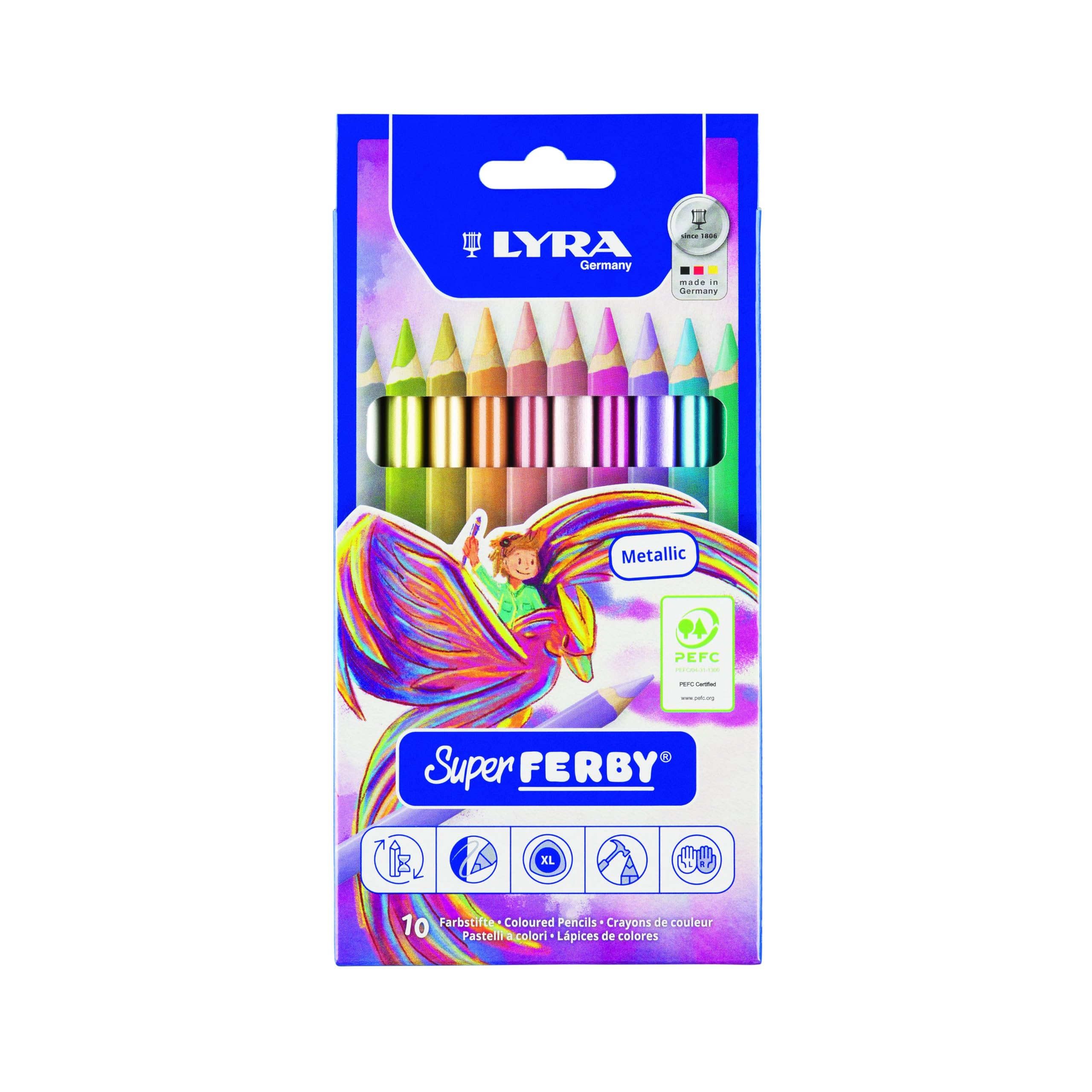 Lyra Super Ferby Metallic Wooden Colouring Pencils, Triangular, Thick, Lacquer, 6.3 mm Lead, Cardboard Case, Assorted Metallic Colours, Pack of 10
