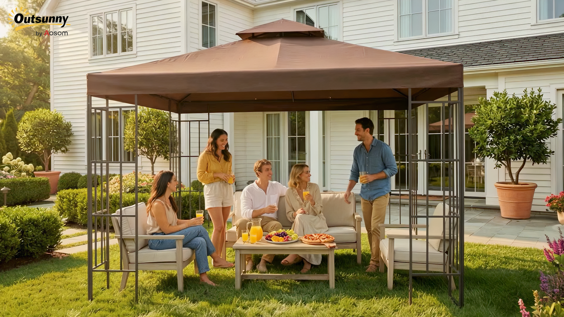 Toldo De Repuesto Para Cenador Outsunny De 3x3 M – Cubierta Superior De Poliéster 600D Con Agujeros De Drenaje, UPF30+, Impermeable Y Fácil De Montar (Beige)