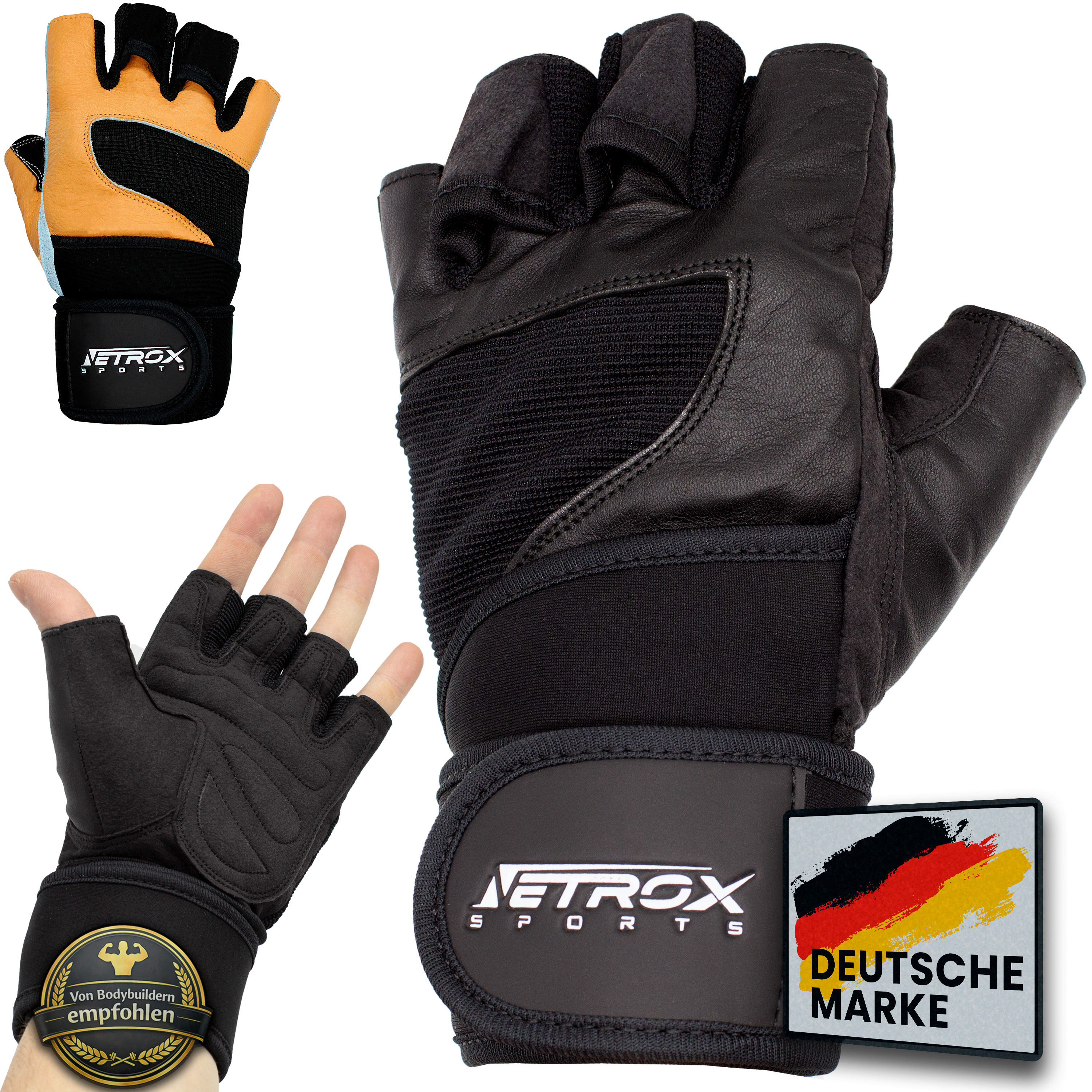 NetroxSports - Leder Trainingshandschuhe mit 40cm Handgelenkbandage für Krafttraining Kraftsport - Fitness Handschuhe Gym mit Handgelenkschutz Herren & Damen