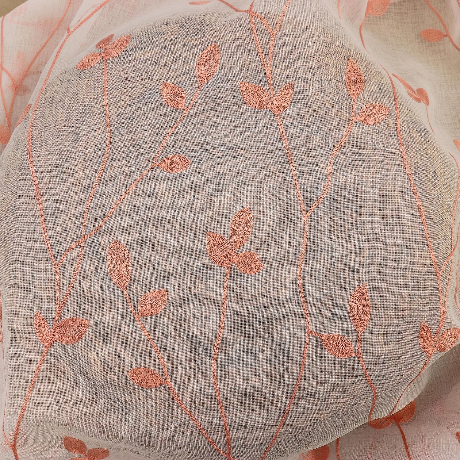 SLOW SOUL 2 Panels Pink Embroidered Leaves Sheer Curtain Faux Linen Semi Sheer Voile Window Curtains Drapes for Bedroom Living Room Rod Pocket 52W X 79L inch