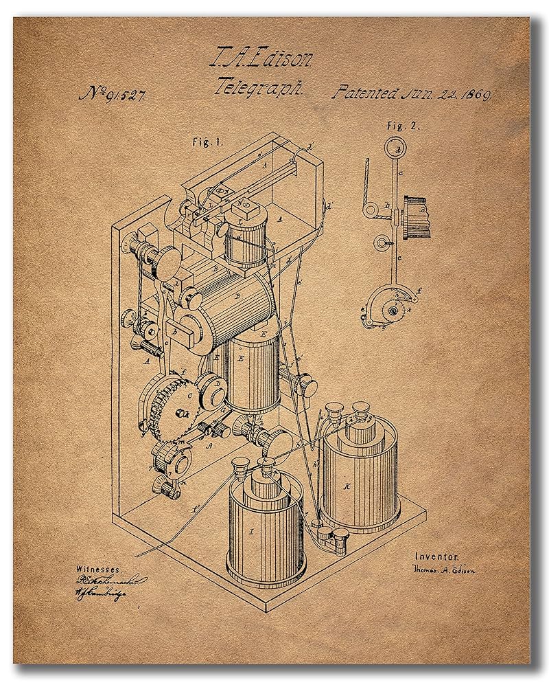 エジソン　発明　設計図　90s　アートT 1882 トーマス エジソン特許印刷物、エジソン電球ポスター