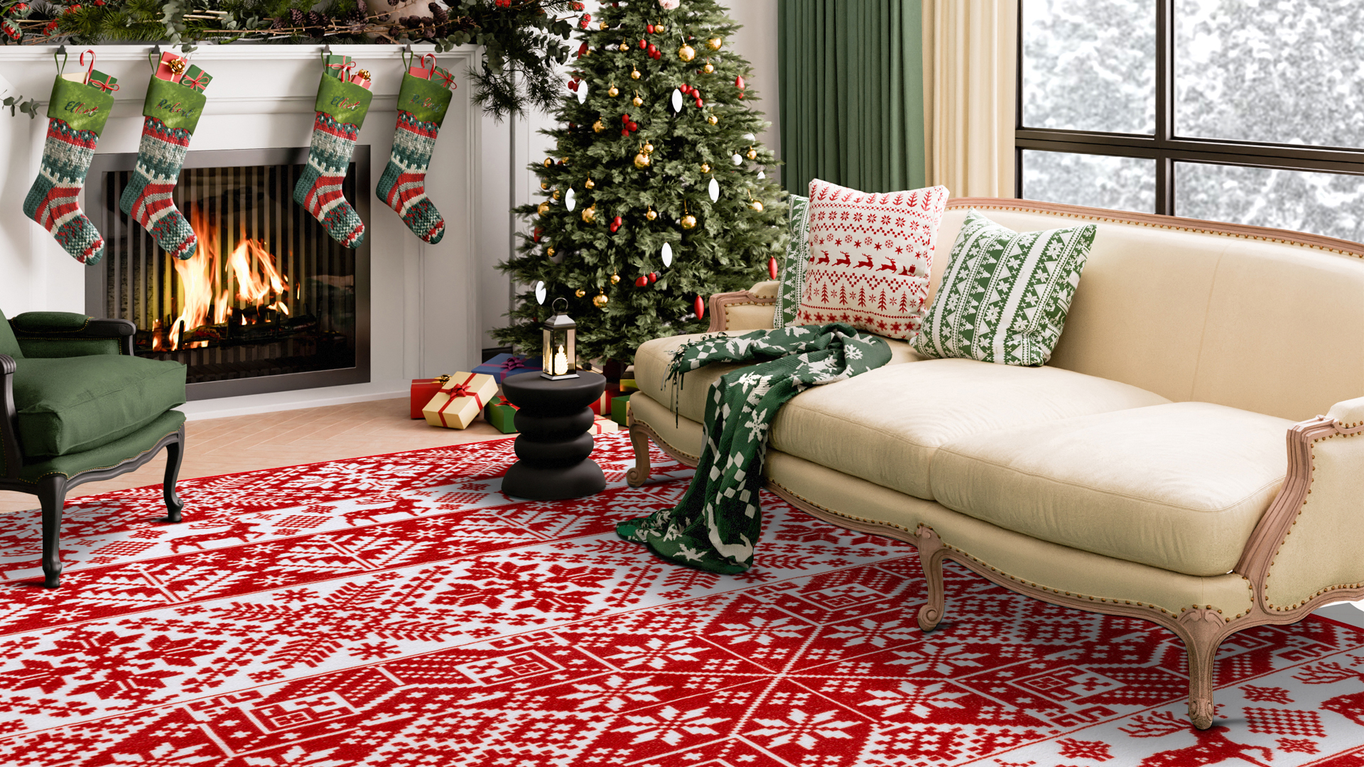 42×92 \"Holiday bells” ViNTAGE RUG Frosty Bells Yale Haven Washable Recycled Holiday Area Rug