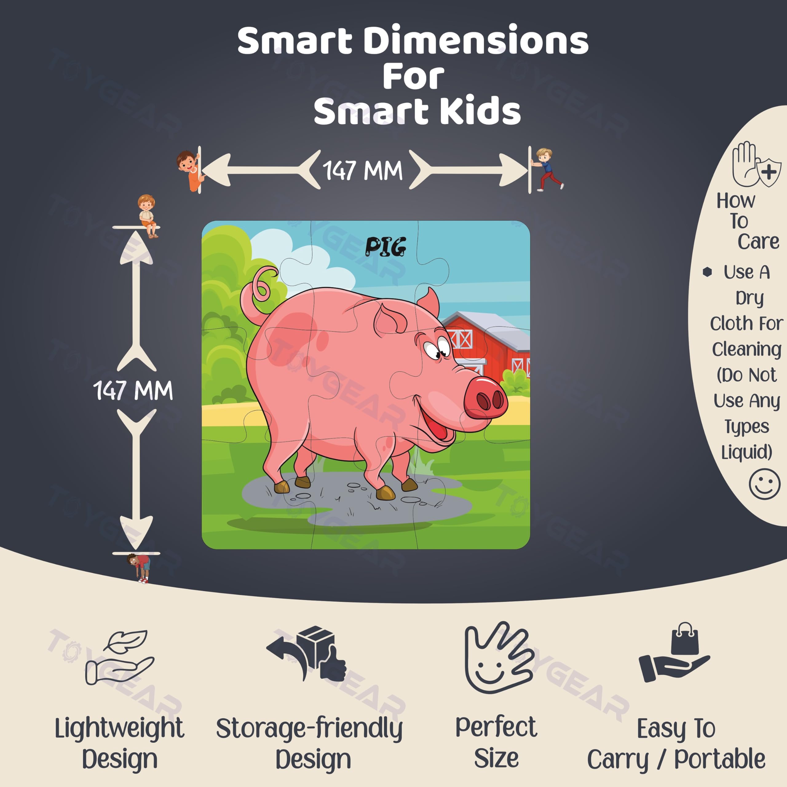 Nizomi Domestic Animal Cartoon Theme Educational Jigsaw Puzzle for Kids, 4 Pc Wooden Learning Toy, Floor Puzzle, Improves Memory, Cognitive Skills Fun Play for Boys Girls Gift for 2+ Years 3