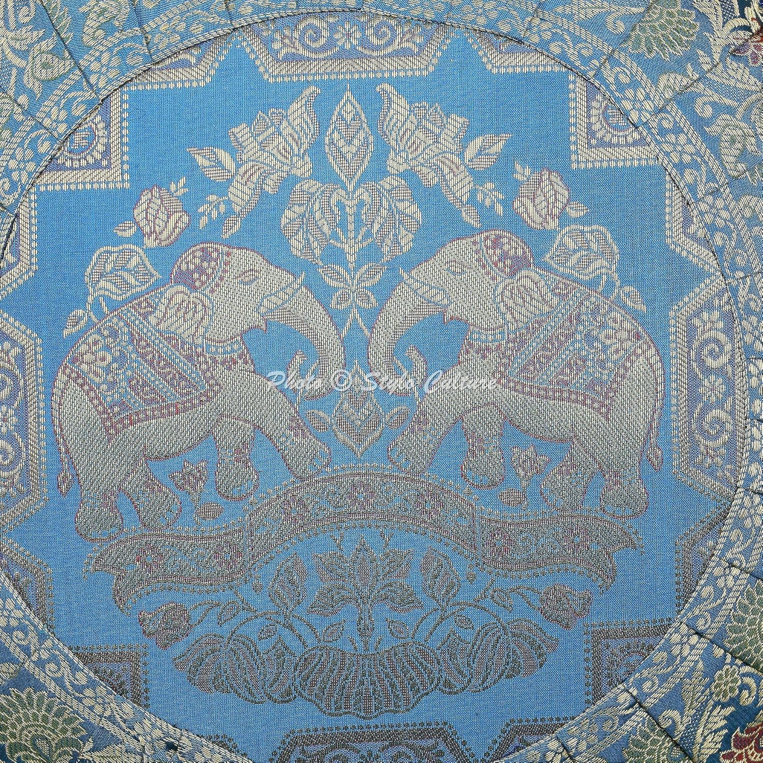 Ethnic Decorative Couch Sofa Accent Throw Pillow Covers 43x43 cm Brocade Living Room Turquoise Elephant Jacquard Pleated Border Round Zippered Bohemian 17x17 Inch Cushion Covers - 5 Pcs