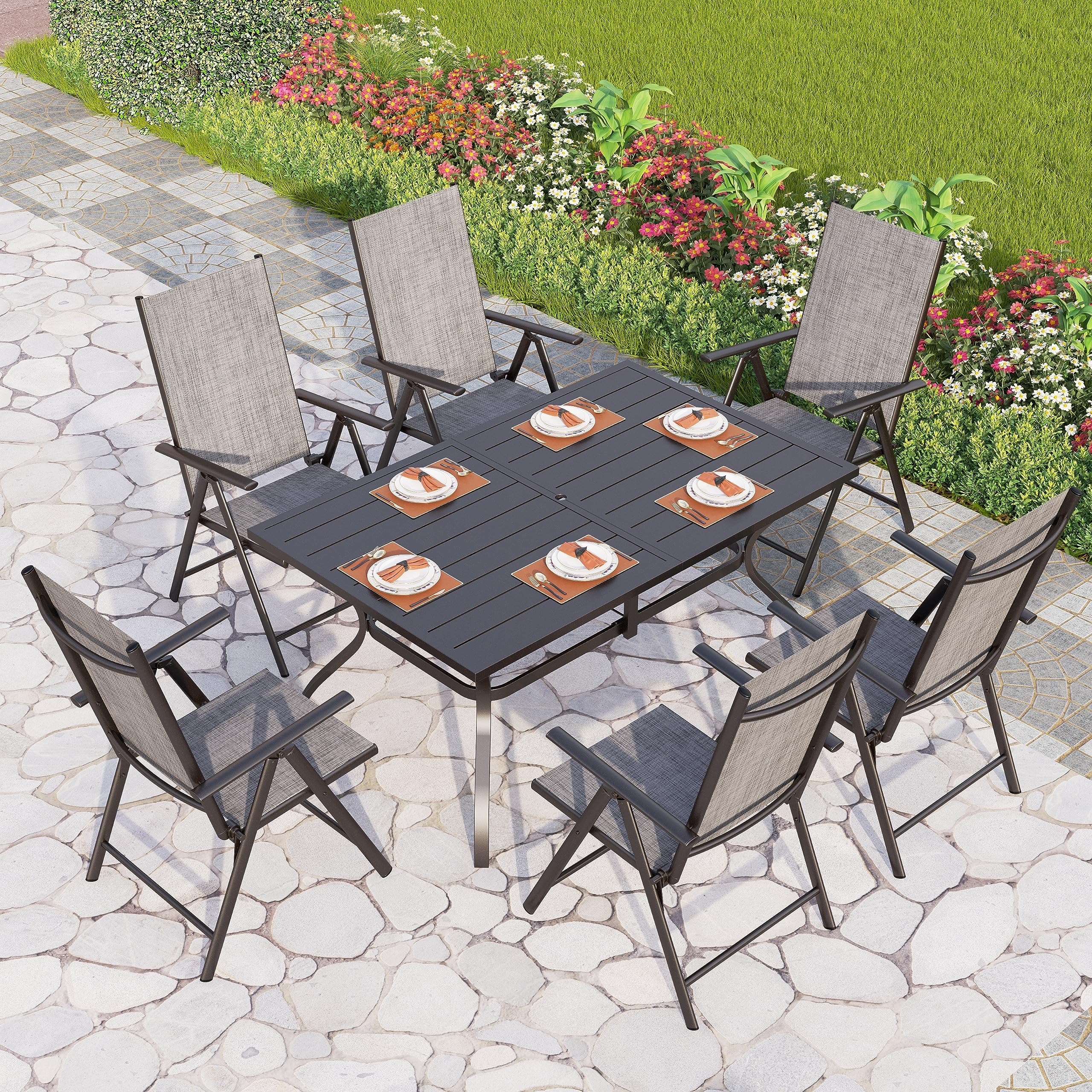 PHI VILLA 7 Piece Patio Dining Set with Outdoor Table and Chairs, Outdoor Dining Set with 6 Patio Folding Sling Chair with Armrest & 1 Rectangle Patio Dining Table with 1.57" Umbrella Hole (Grey)