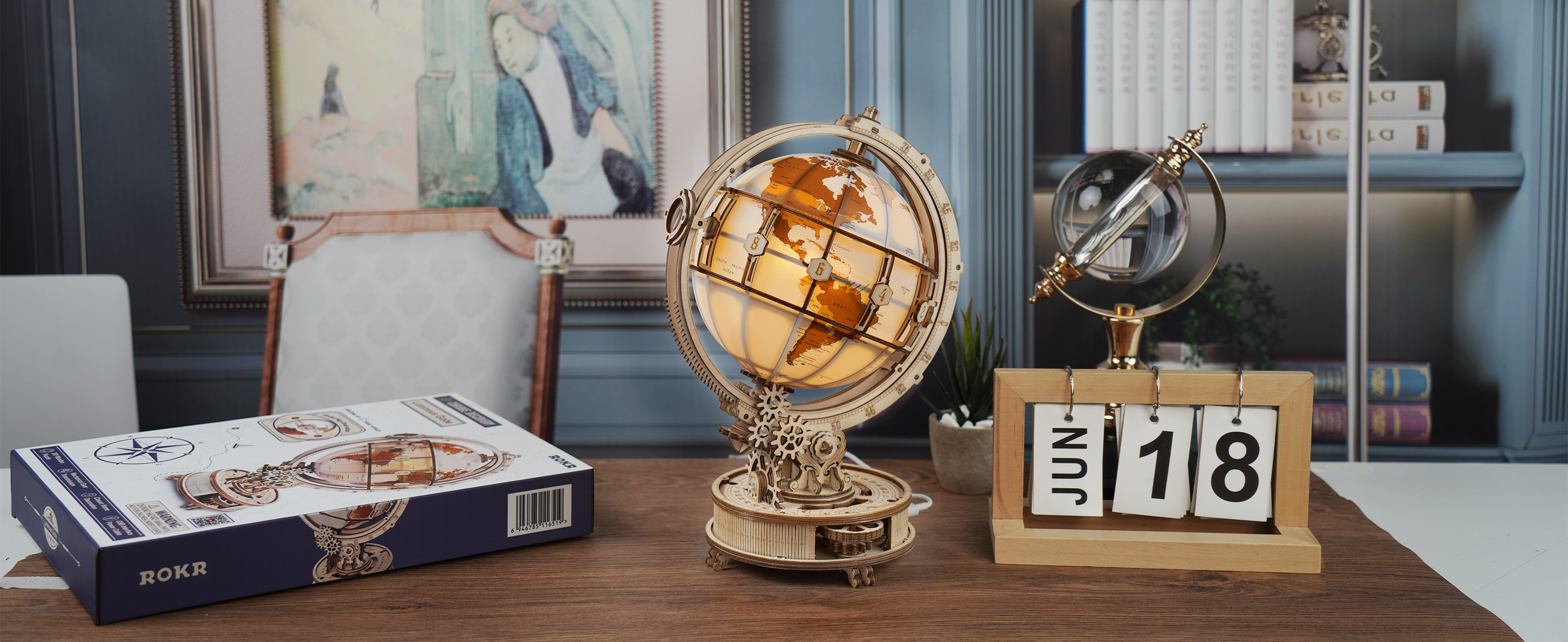 ROKR Puzzle 3D Globo Luminoso De Madera – 180 Piezas, Luz USB Y Lupa Incluida, Regalo DIY