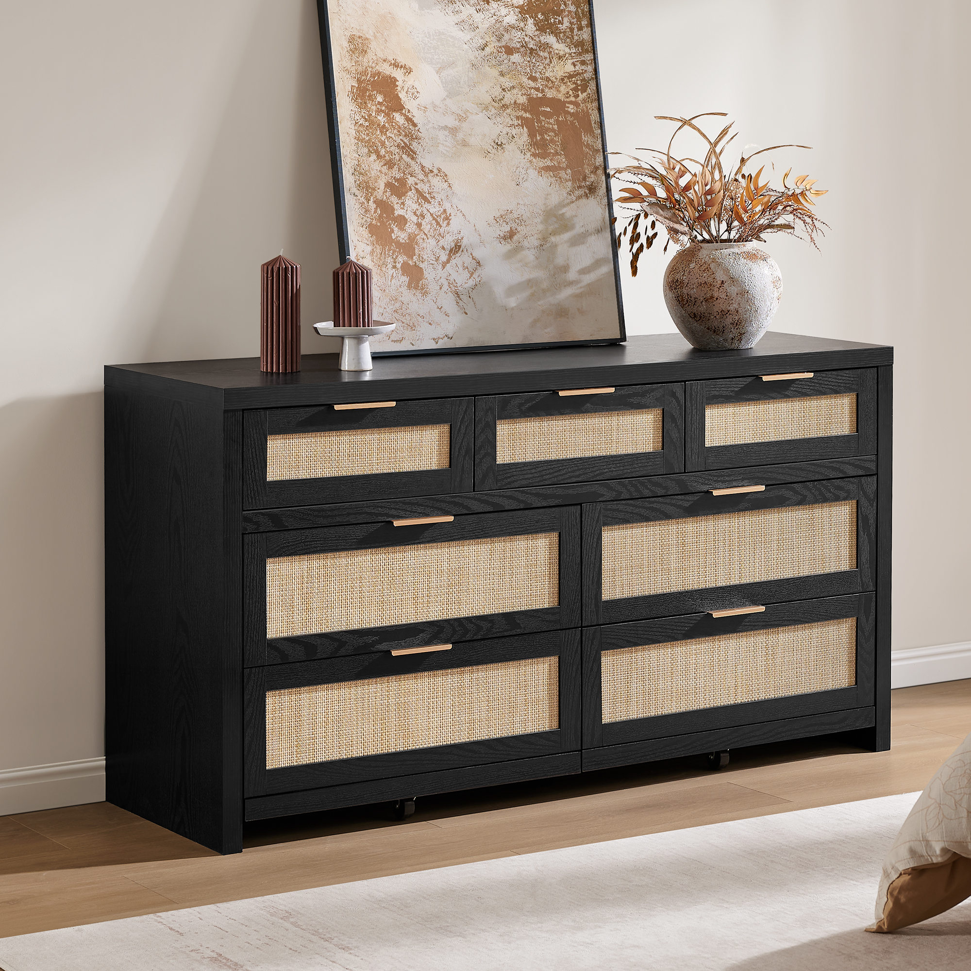 black dresser with pre-woven rattan drawers Kova 3-Drawer Rattan Dresser or Bohemian Living Room Storage Cabinet with Textilene Rattan Accent and Metal Legs