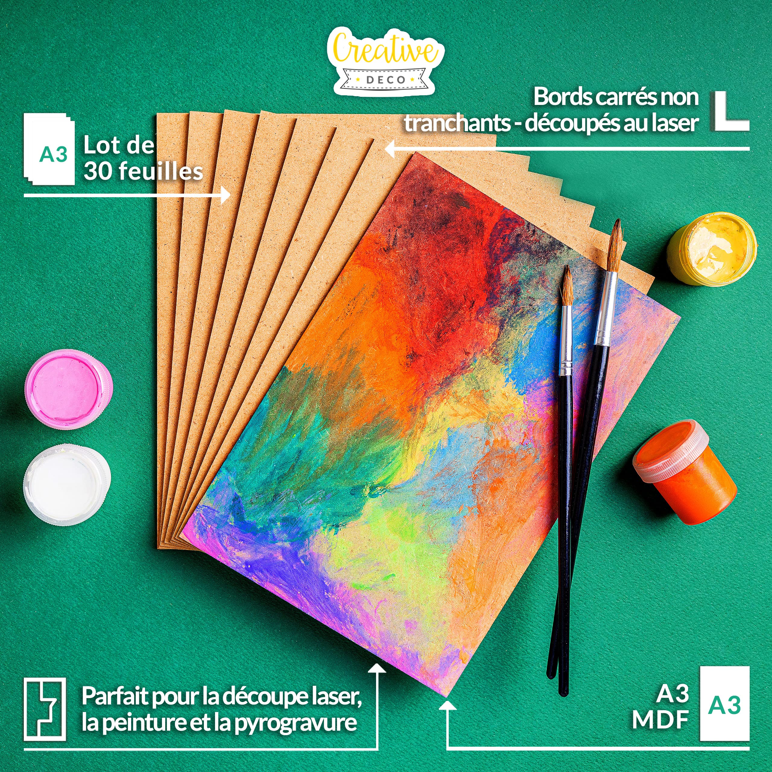 Creative Deco 30 x A3 Panneau MDF | 420 x 300 x 3 mm | Feuille Planche | Bois Brut | Plaque Bois Idéal pour Bricolage, Découpe Laser, Gravure, Maquette | Panneaux Bois pour Pyrogravure, Linogravure