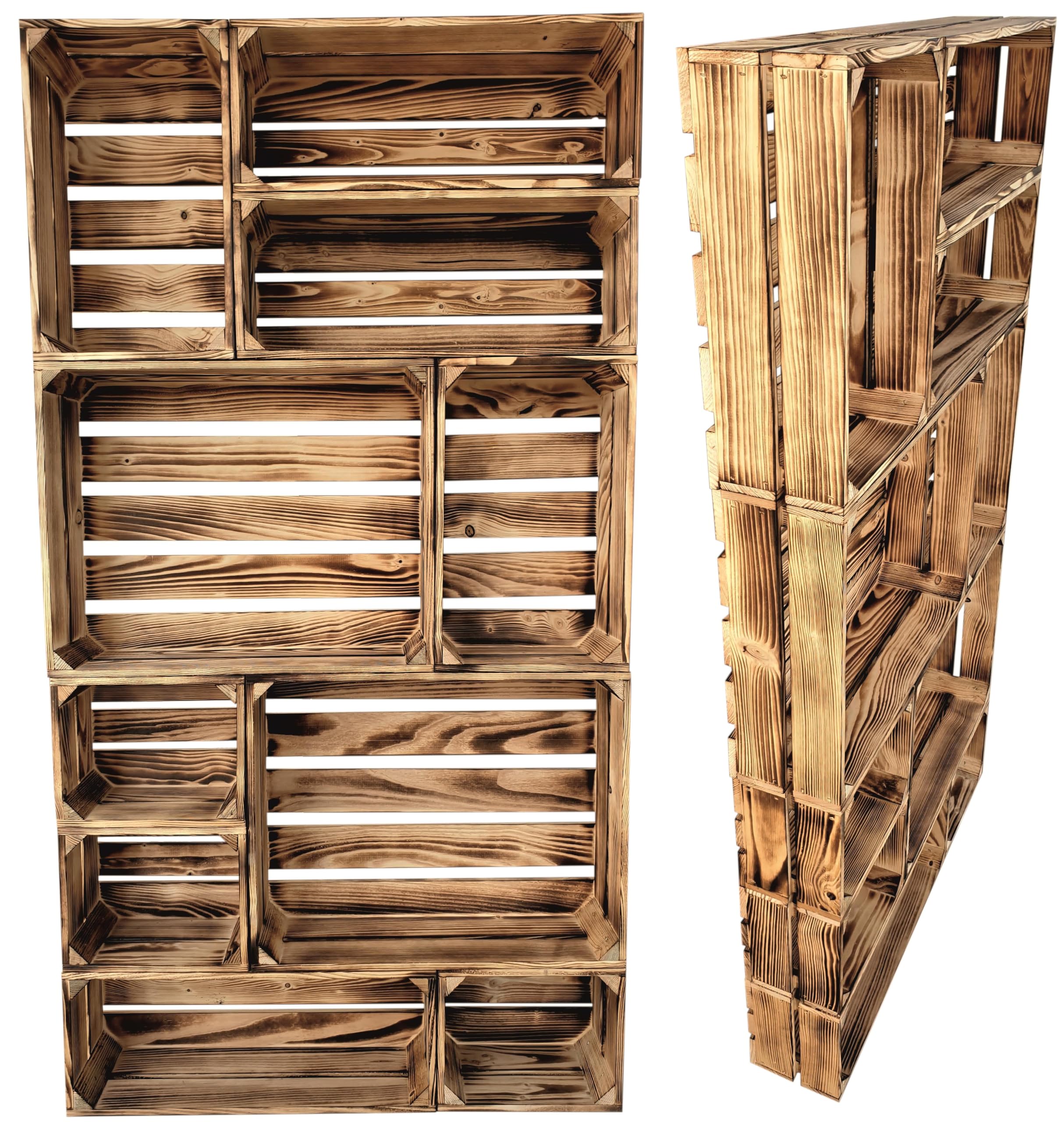 Holzkisten Reg 4er Set 50 x 40 x 30cm Geflammt | Dekokisten aus Holz Massive Holzkiste Regalkiste Weinkiste