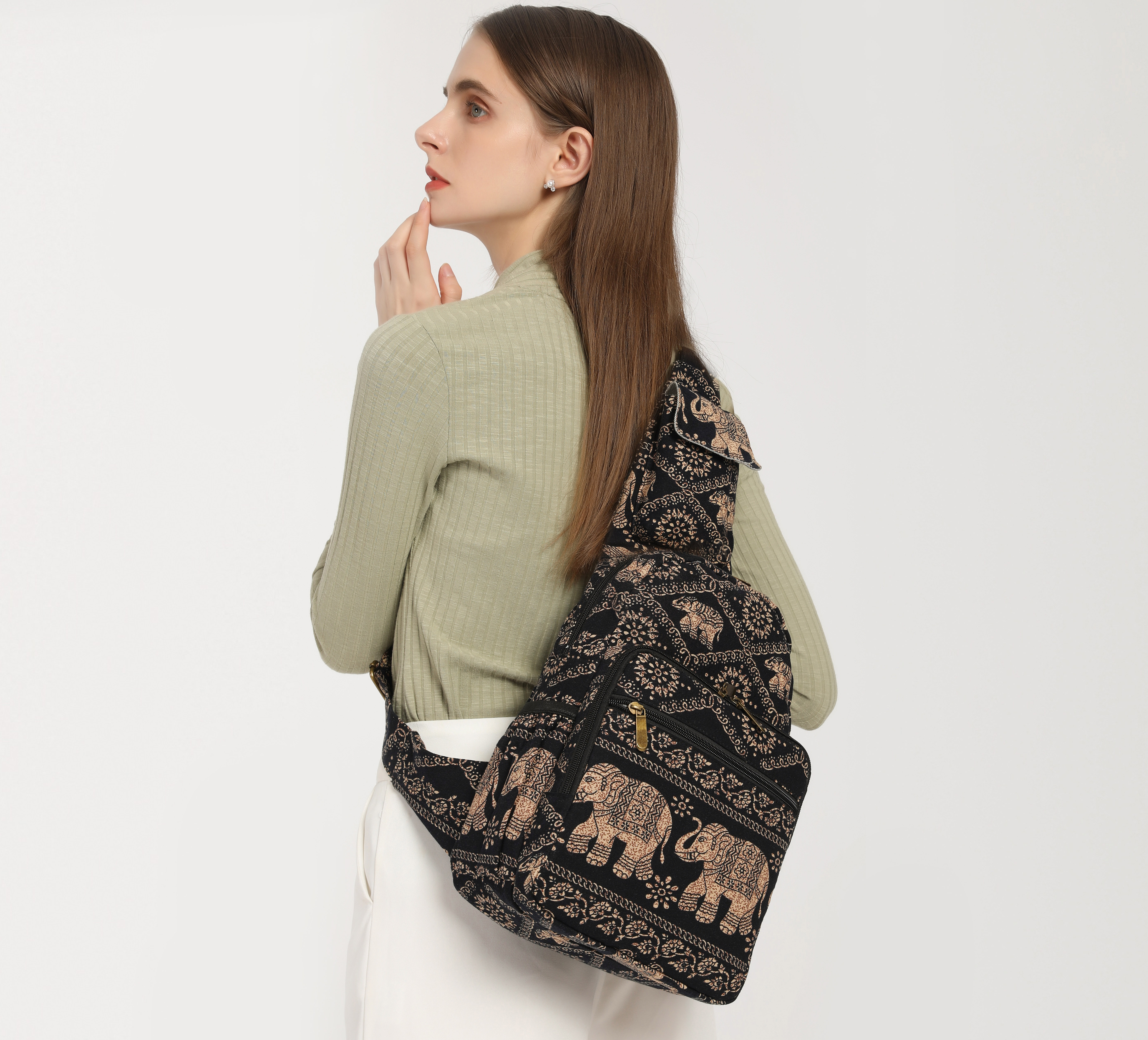 1747 sling bag Elephant canvas large boho backpacks bohemian Crossbody Bag Cotton Boho Crossbody Bag Elephant Tree Print, Handmade  main image 4