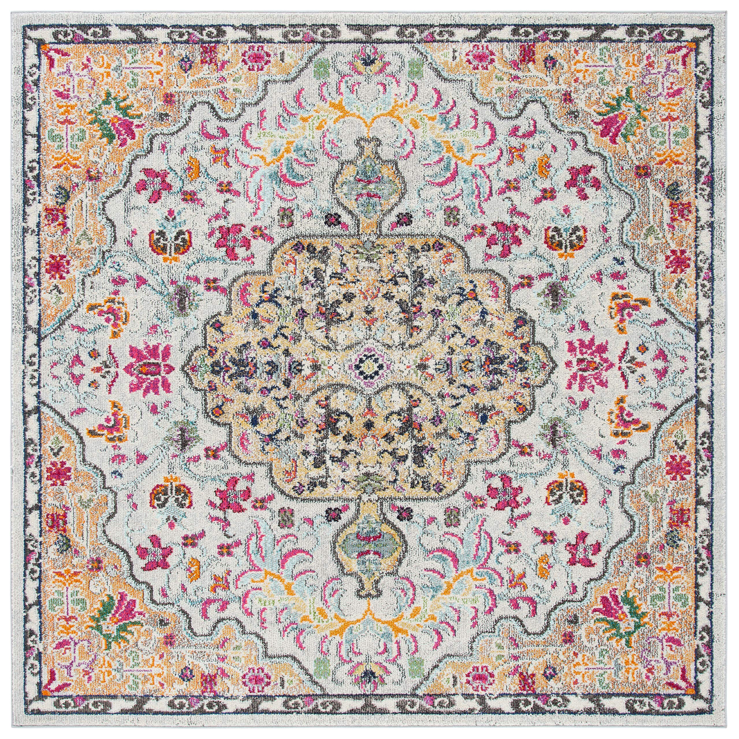 SAFAVIEH Madison Collection Area Rug - 5' Square, Grey & Gold, Boho Chic Medallion Distressed Design, Non-Shedding & Easy Care, Ideal for High Traffic