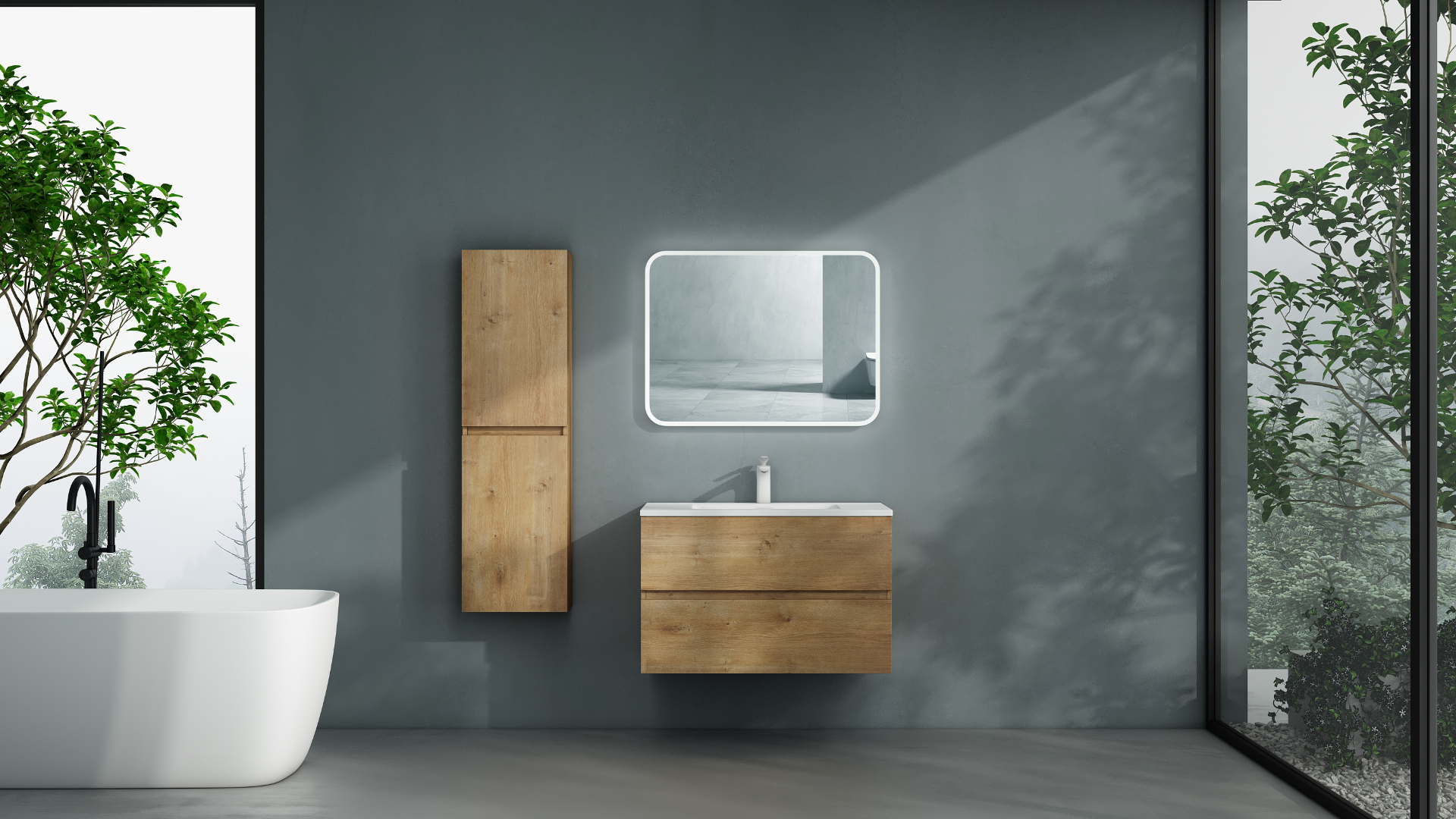 Meuble Sous Lavabo Suspendu Gris Foncé 70x46x56 Cm - Avec 2 Tiroirs, Lavabo Et Bonde, Panneaux étanches MDF