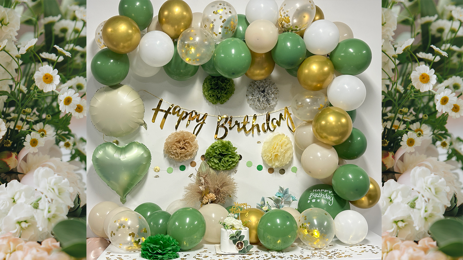 ZERODECO Verjaardagsdecoratie Groen, Pompons Happy Birthday Banner Glitter Gordijn Ballonnen Retrogroen Goud Avocado Groen Kinderverjaardag voor Meisjes Jongens Mannen Vrouwen Verjaardagsfeest