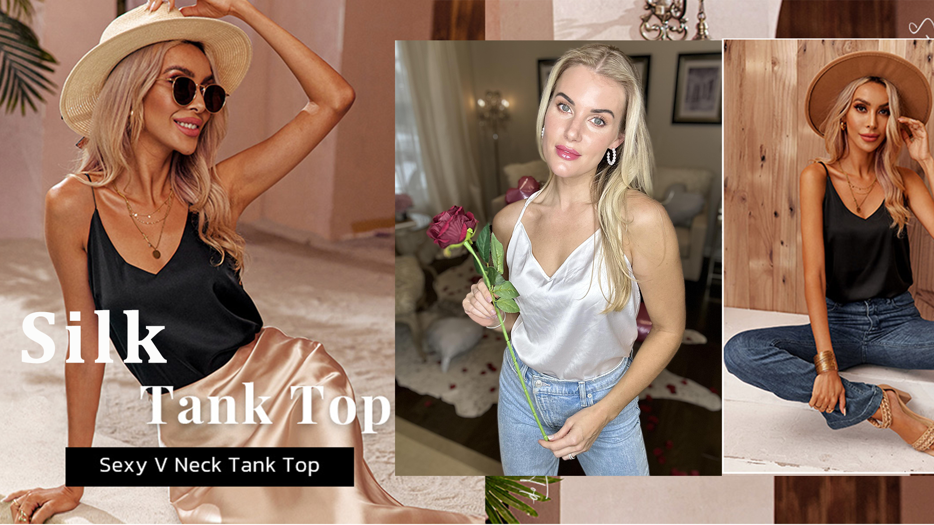 Ekouaer Womens Satin Cami Tops 2 Pack V Neck Silk Camisole