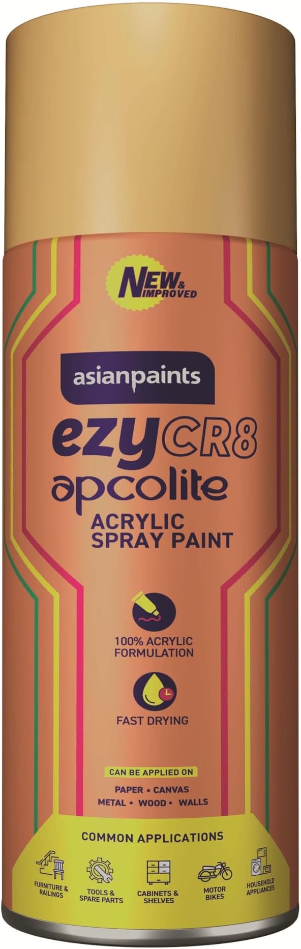 Asian Paints ezyCR8 Apcolite Enamel Multi-Surface DIY Spray Paint Gold 250 g (400ml) Can