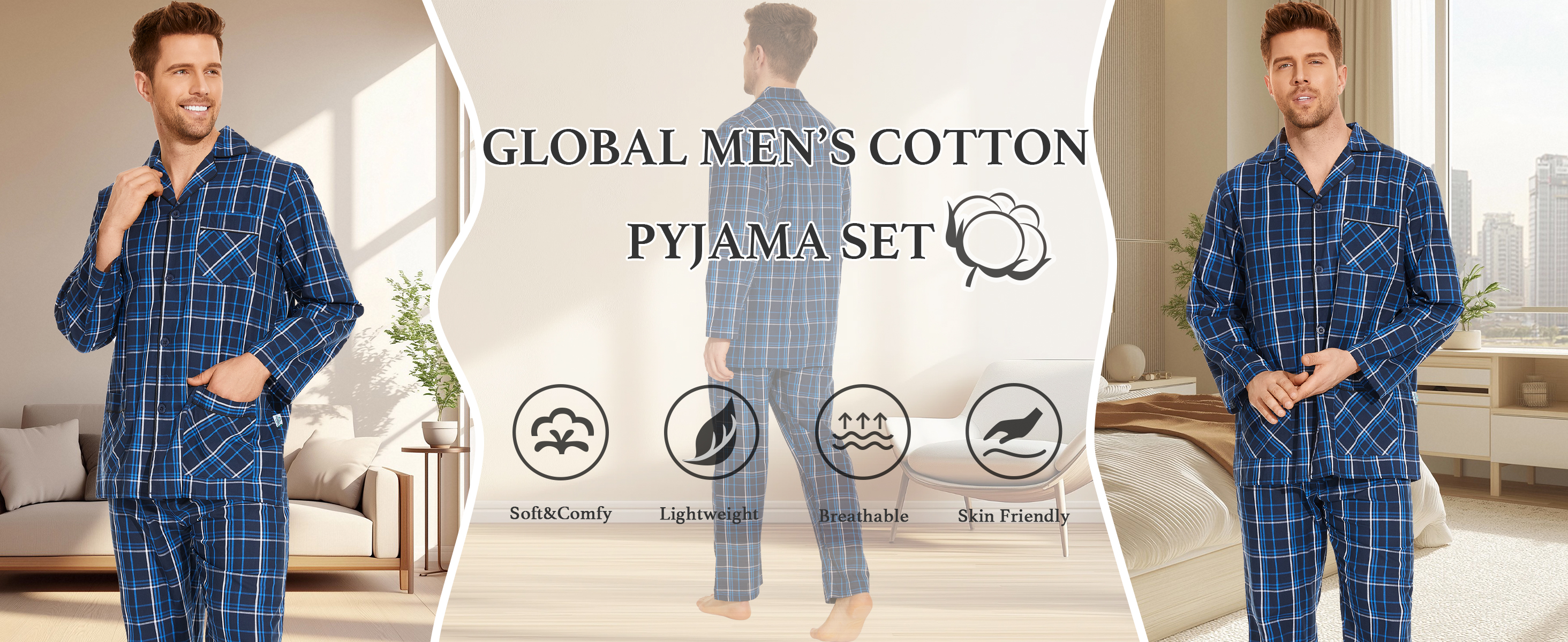 GLOBAL Pyjamasets voor dames, 100% katoen, nachtkleding, lange mouwen, knoopsluiting, broek met elastische taille en trekkoord, S