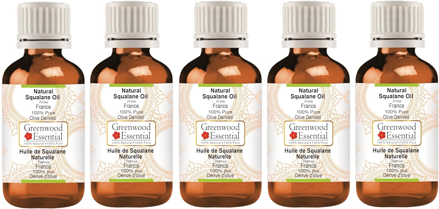 Greenwood Essential Pure Natural Squalane Oil (derived from Olives) Natural Therapeutic Grade for Hair, Skin & Aromatherapy (Pack of Five) 100ml X 5 (16.9 oz)