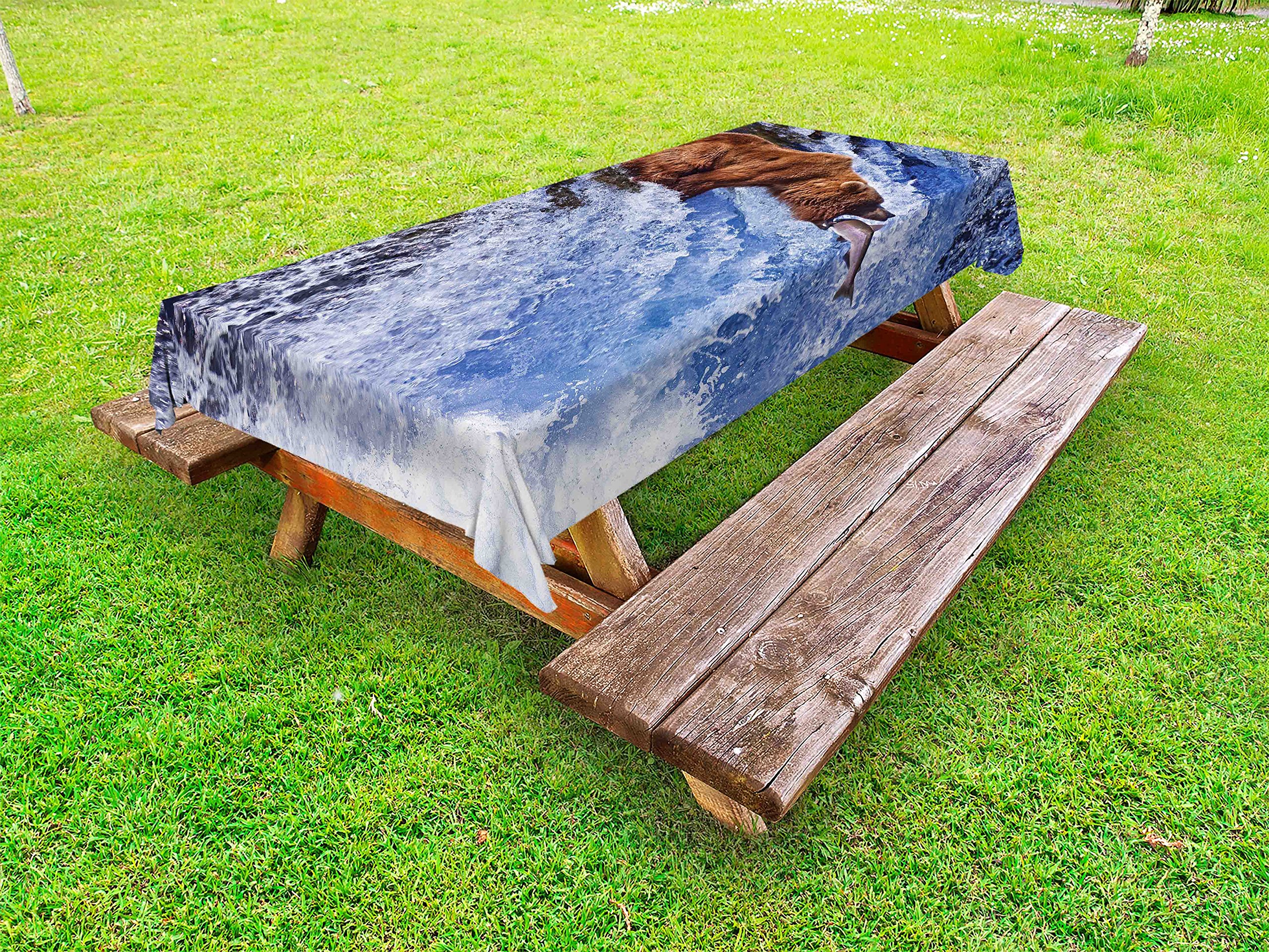 AmbesonneNature Outdoor Tablecloth, Grizzly Bear at Katmai National Park Alaska Waterfall Catches Fish Wildlife Picture, Decorative Washable Picnic Table Cloth, 58" X 104", White Brown