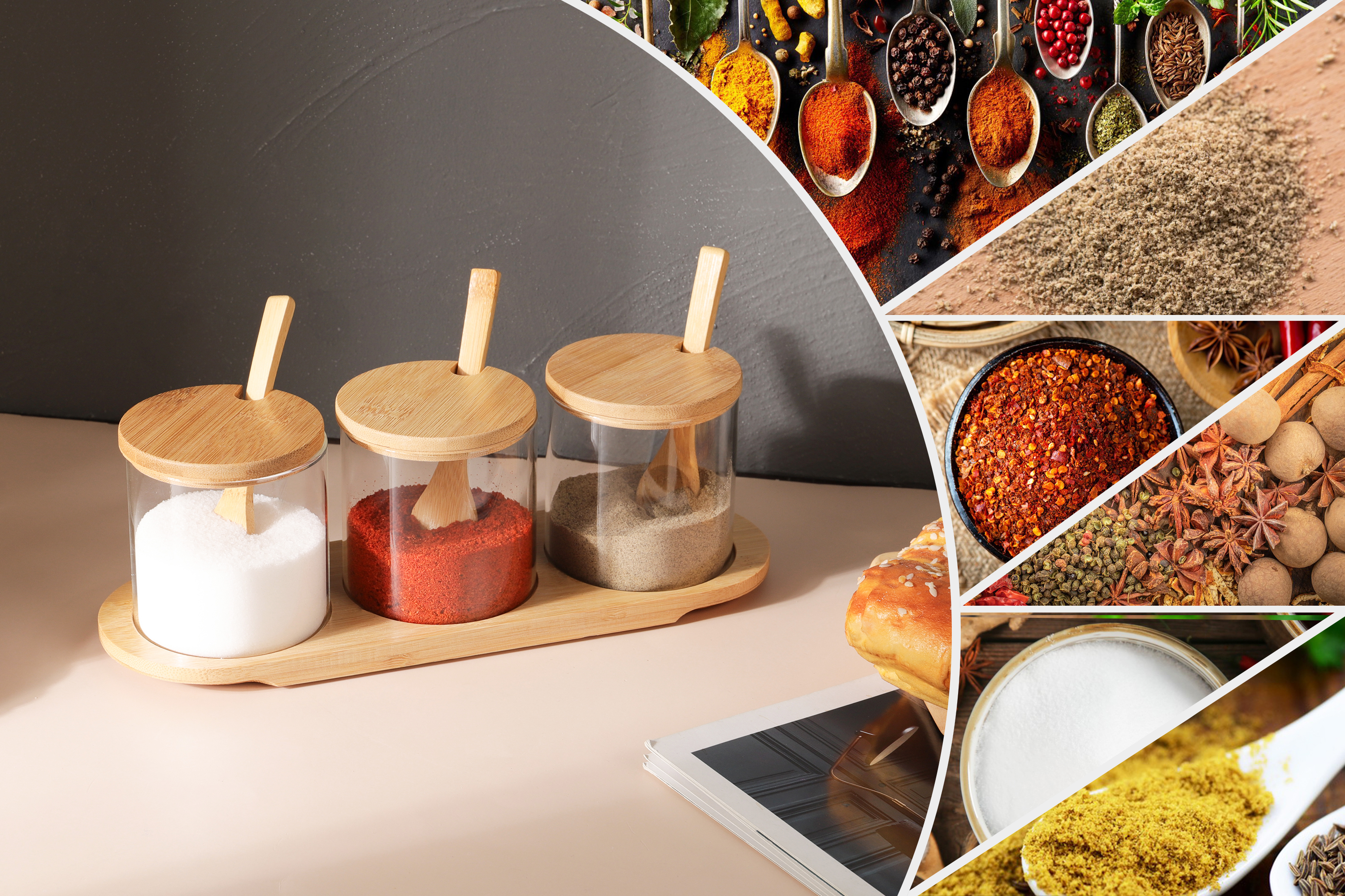 Set Di 3 Barattoli Per Spezie In Vetro - Con Coperchi E Cucchiai, 250ml, Nero - Foto 9