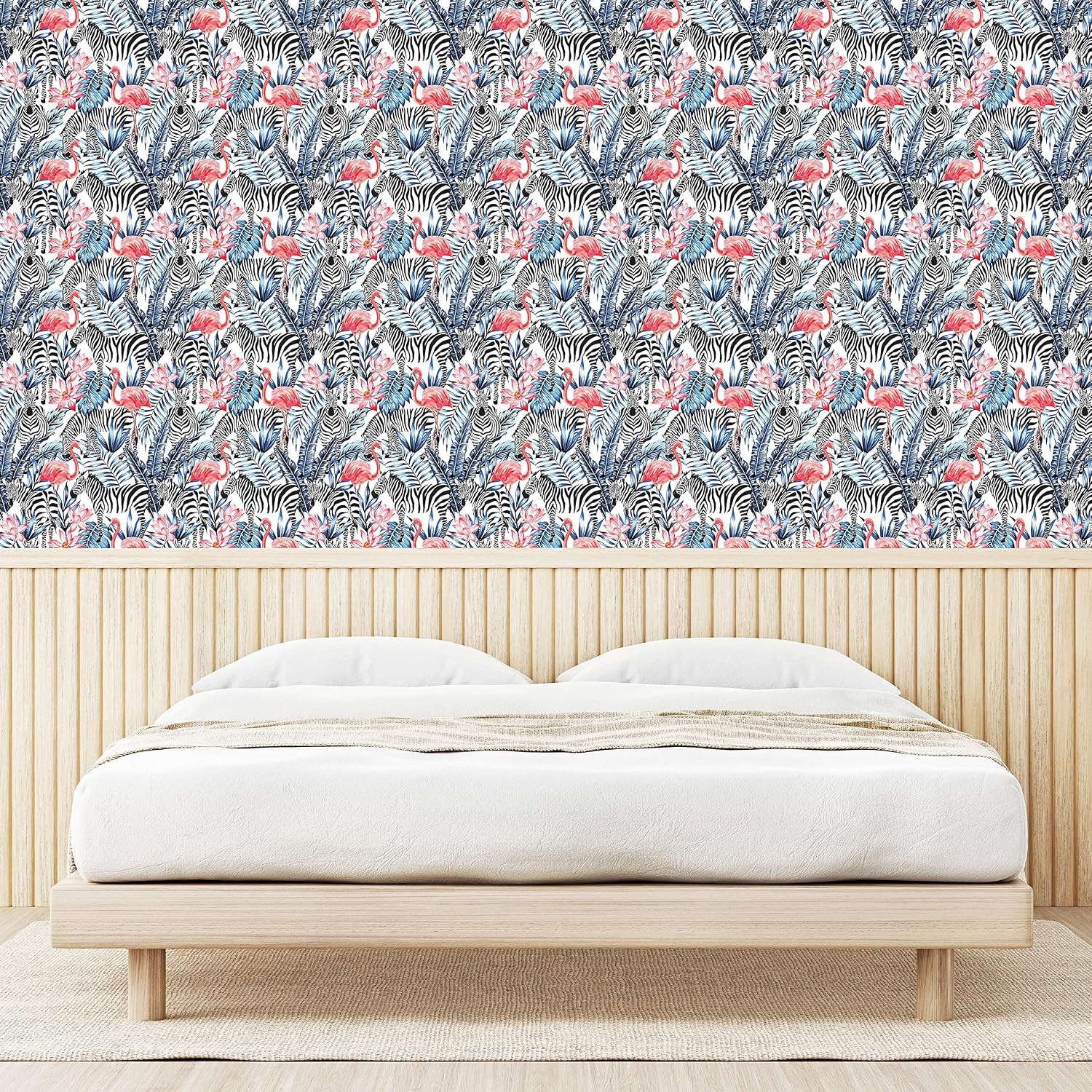 Lunarable Modern Peel & Stick Wallpaper for Home, Exotic Animal Flamingos with Zebras Palm Leaves Lily Wild Graphic, Self-Adhesive Living Room Kitchen Accent, 13" x 72", Dark Blue White