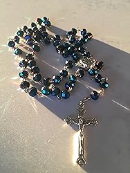 Nazareth Store Deep Blue Crystal Beads Rosary Necklace Catholic Prayer Jerusalem Holy Soil Medal