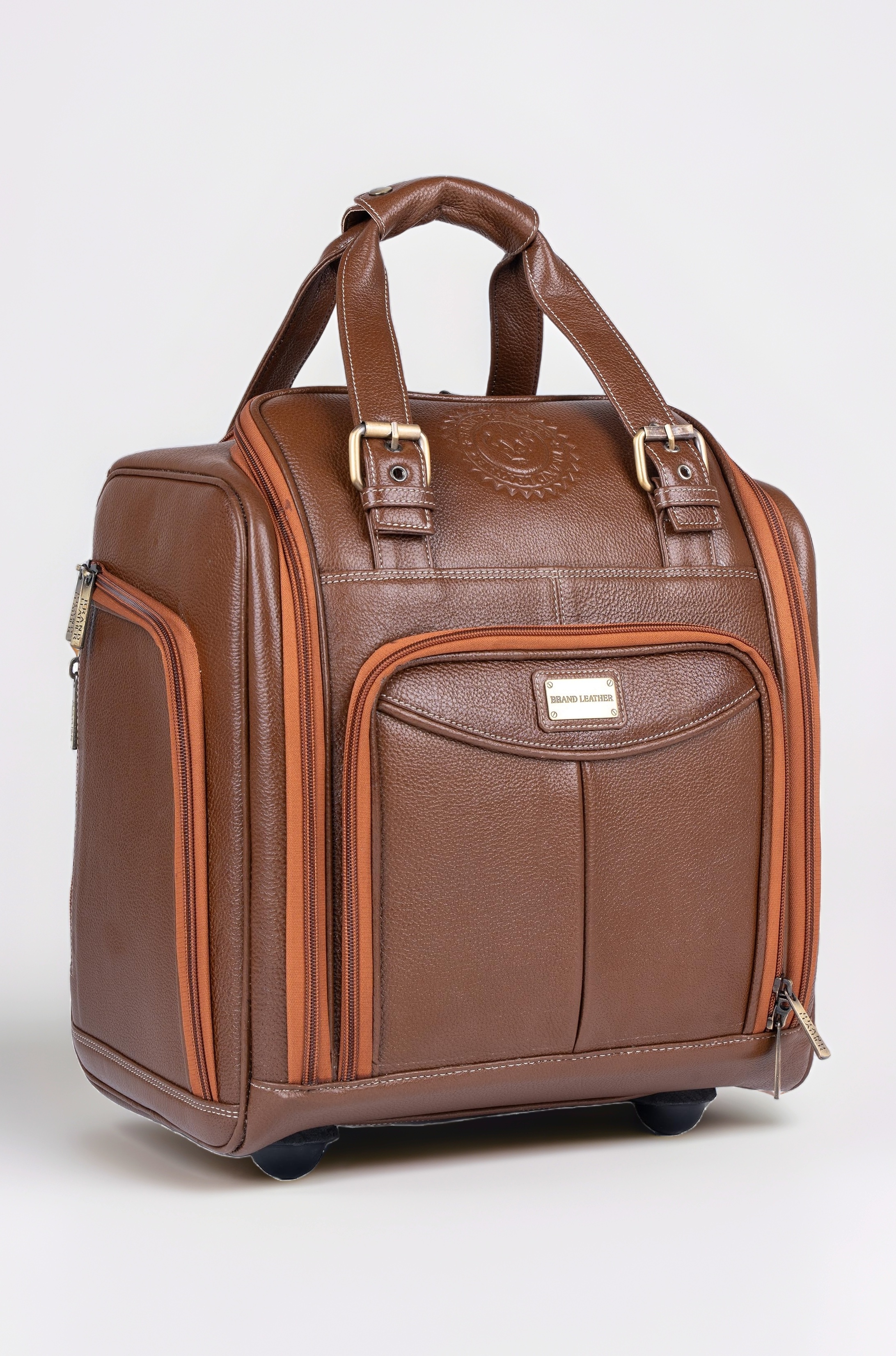 BRAND LEATHER Genuine Leather Underseat Carry-On Rolling Travel Luggage Bags (Brush Wood)