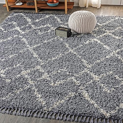 Eyely RCM102A-4 Mercer SHAG - Alfombra de felpa con borlas marroquíes tribales geométricas enrejadas para interiores, contemporánea bohemio,