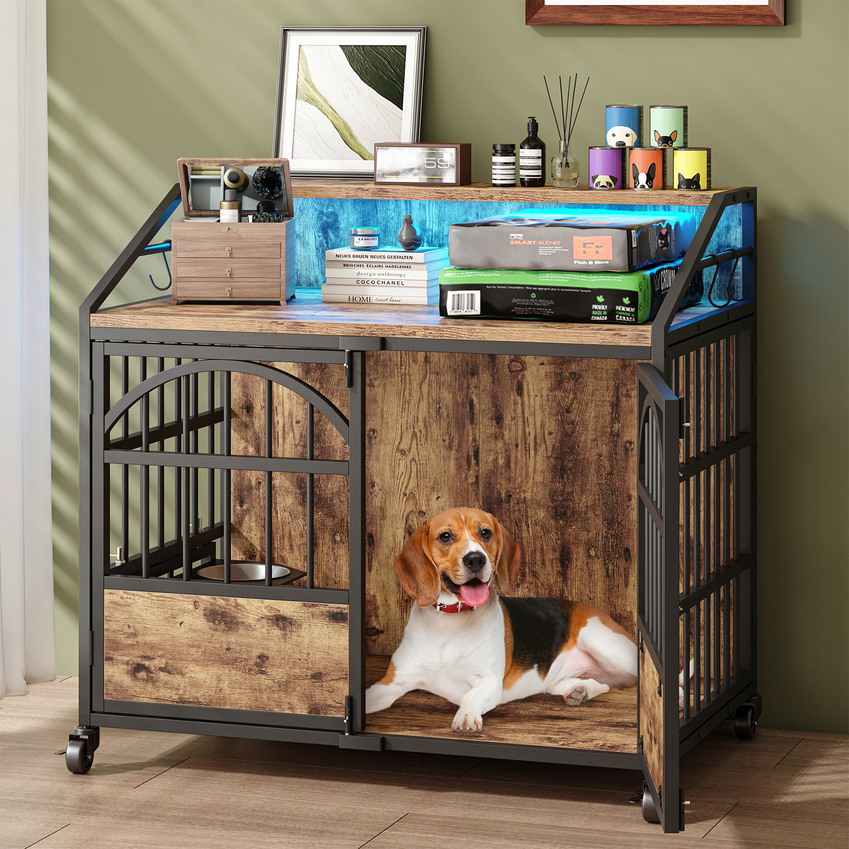 Dog Crate Furniture PUKAMI Corner ,44/58inch Wooden Dog Kennel