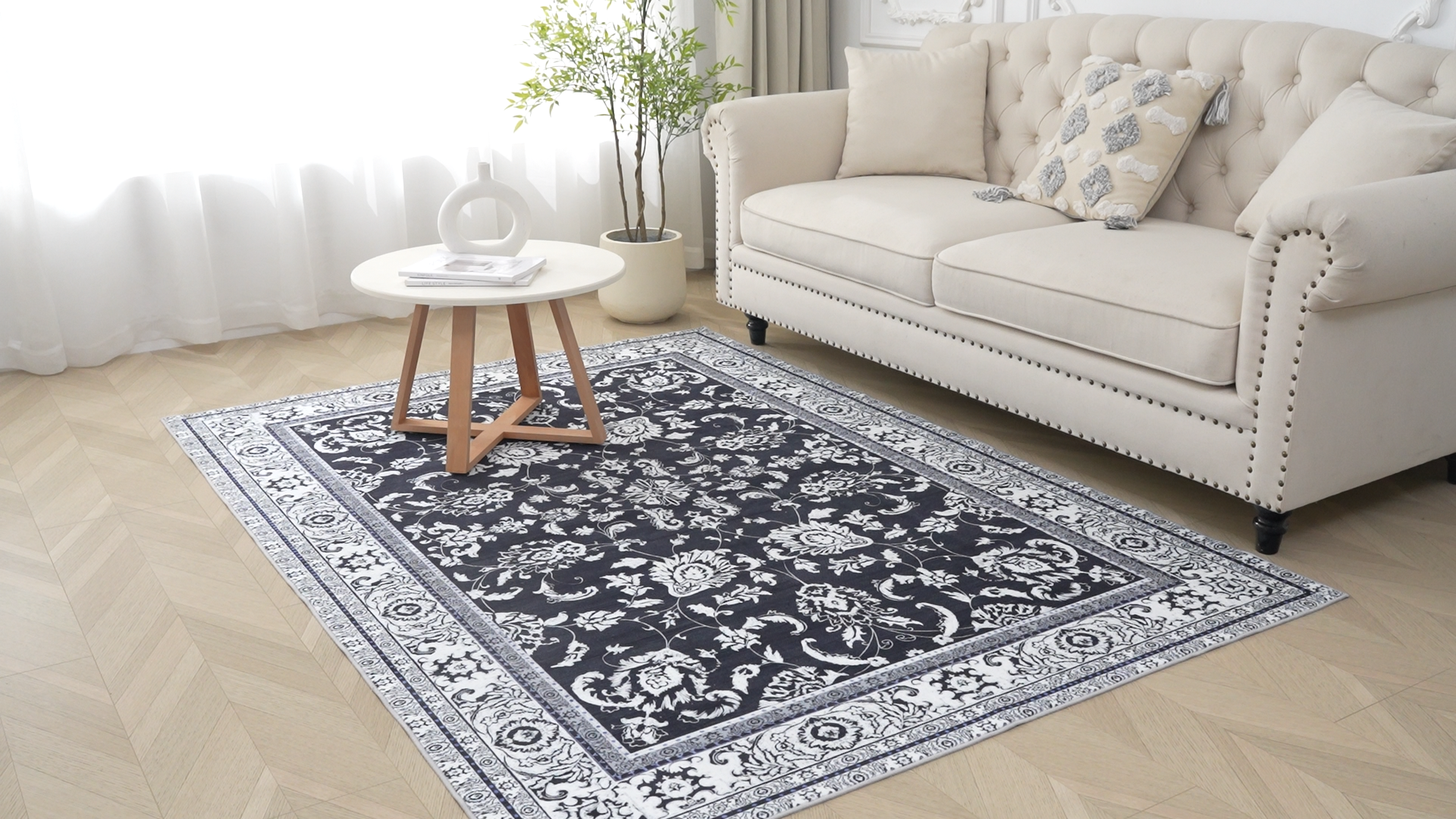 Tapete Floral Lavable 5x7 ft Negro Blanco miniatura 7