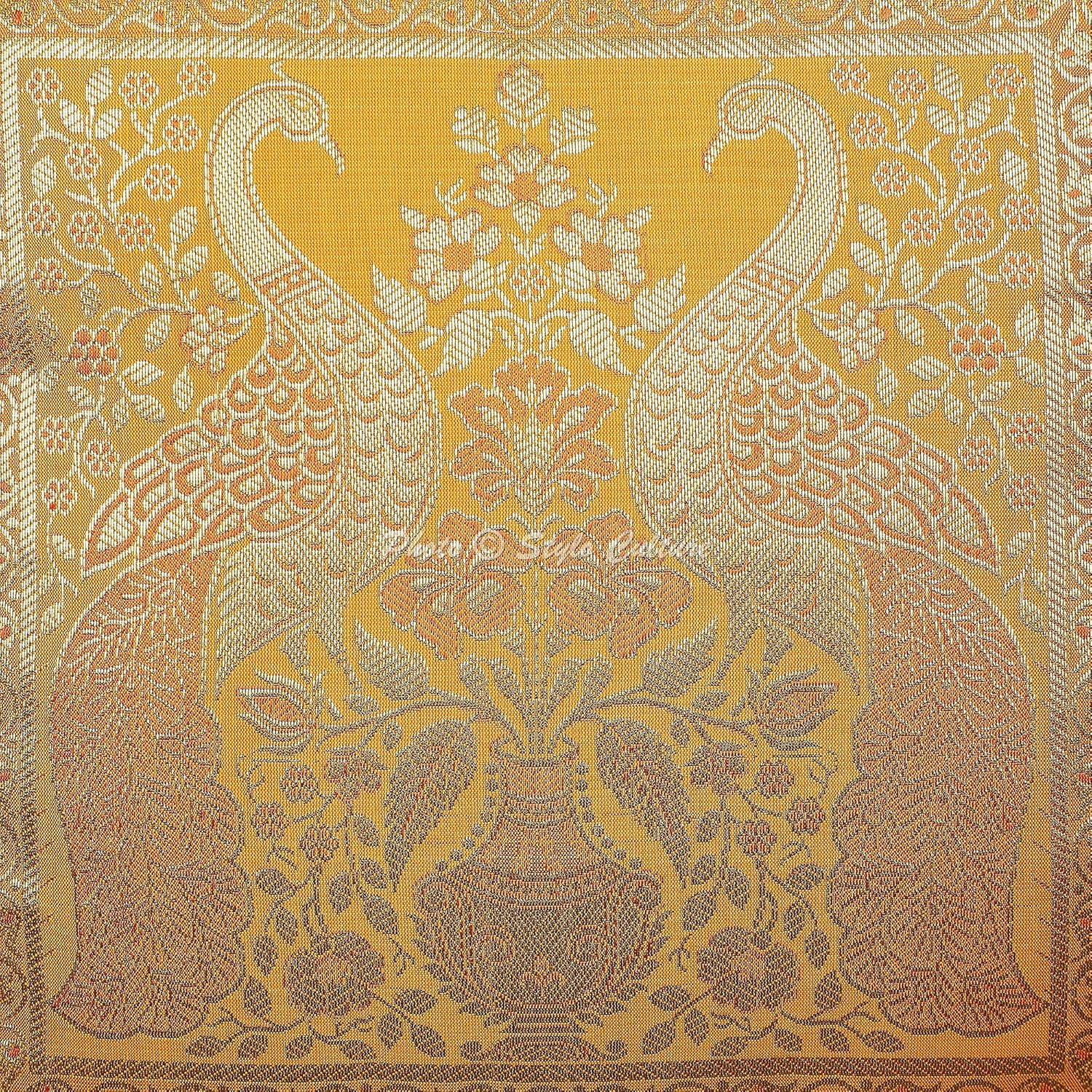 Bohemian Decorative Sofa Settee Toss Throw Pillow Cases 45x45 cm Brocade Bedroom Mustard Yellow Peacock Jacquard Tassels Square Luxury Zippered Indian 18x18 Inch Cushion Covers - 2 Pcs