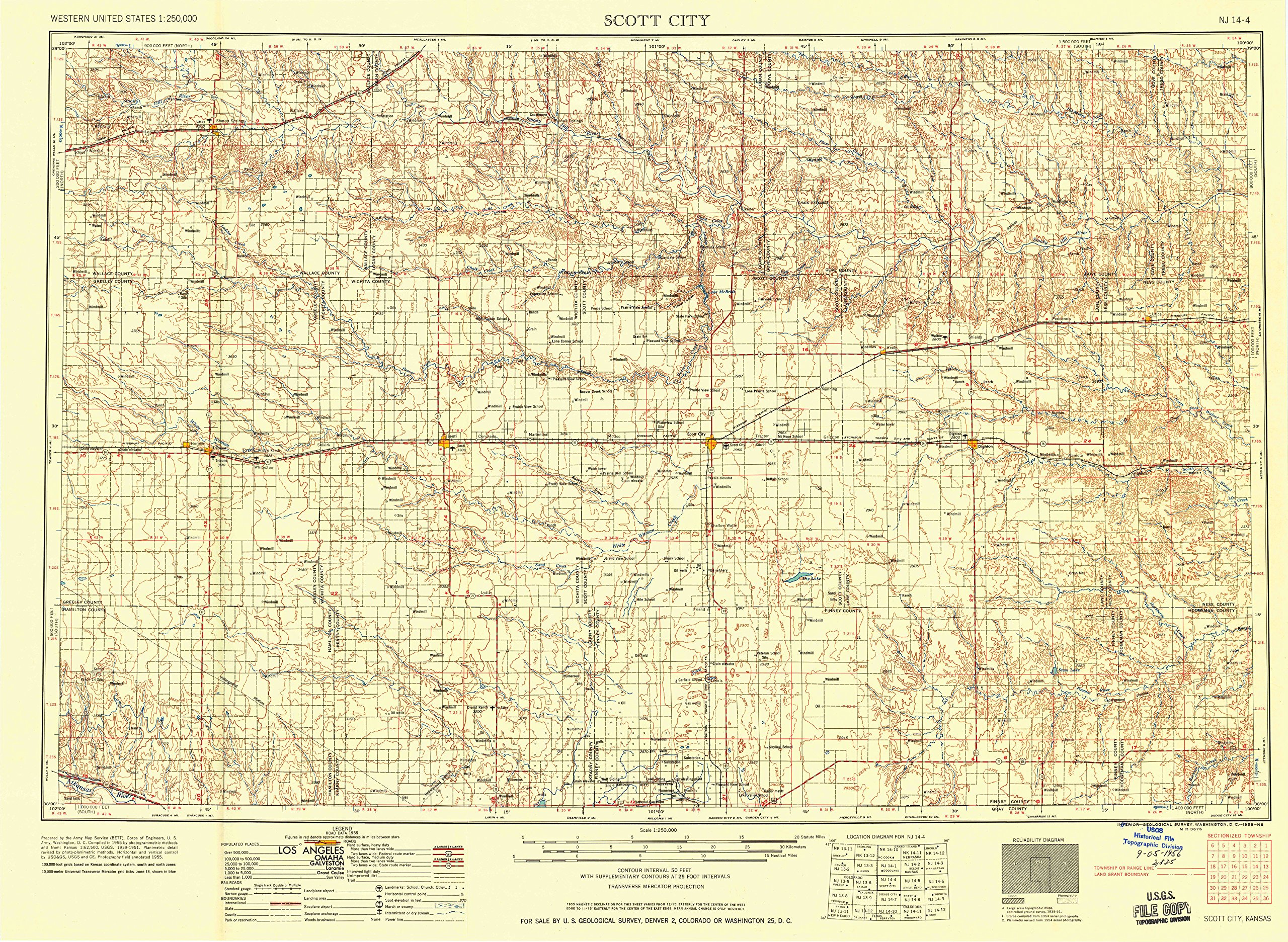 YellowMaps Scott City KS topo map, 1:250000 Scale, 1 X 2 Degree, Historical, 1958, Updated 1958, 21.8 x 29.79 in - Polypropylene