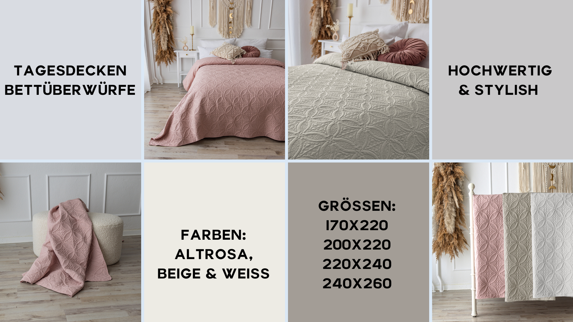 CalmyHOME Tagesdecke Bett Bettüberwurf Überwurf Ornamente 220x240cm Sofaüberwurf Steppdecke Sofa Decke Überwurfdecke Tages Decken Betthusse XXL Überdecke Gesteppte Tagesdecken (Altrosa) Küche, Haushalt & Wohnen