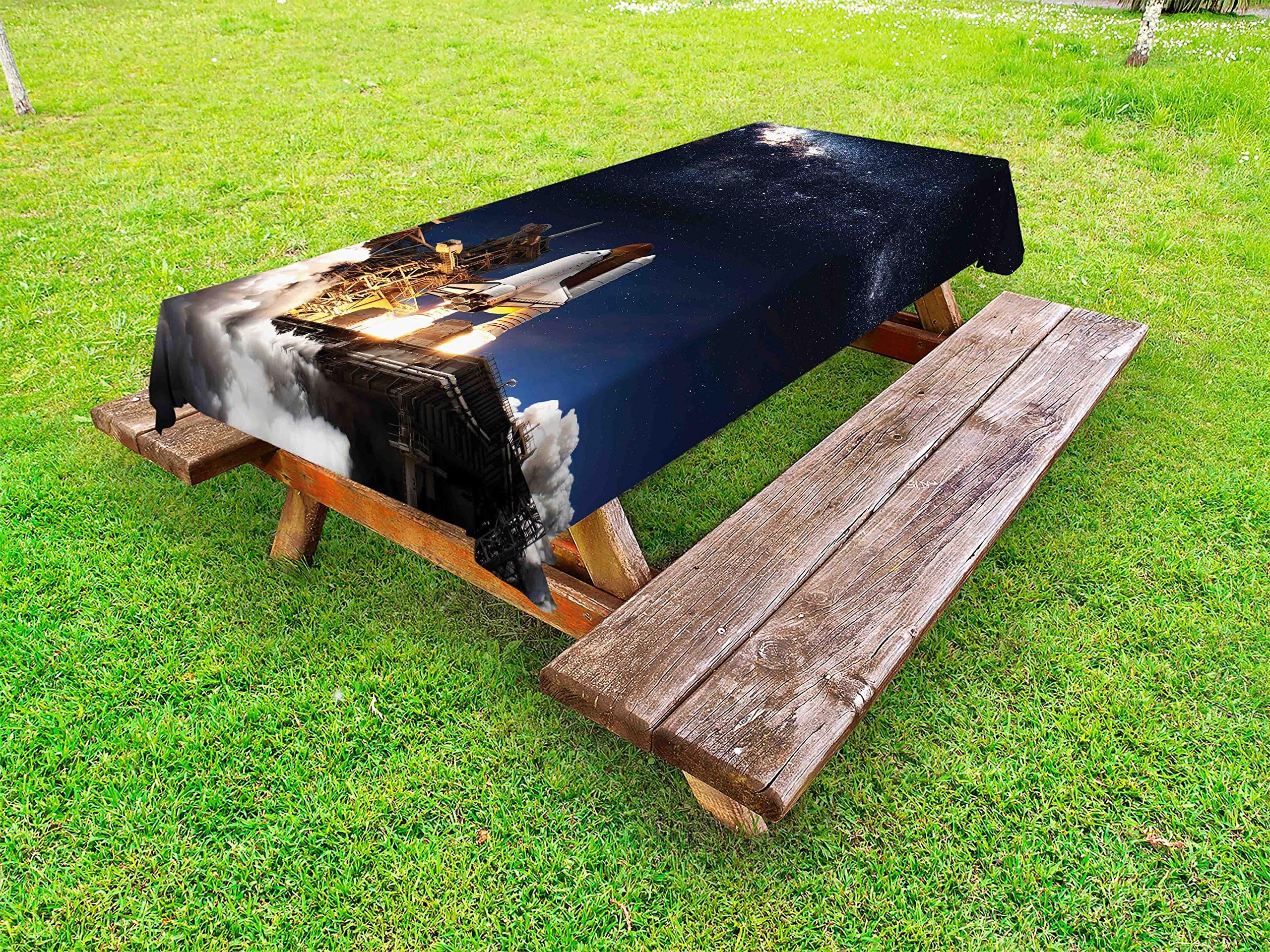 Lunarable Outer Space Outdoor Tablecloth, Space Shuttle Taking Off Star Field Scientific Astrophotography, Decorative Washable Picnic Table Cloth, 58" X 120", Dark Blue White Yellow
