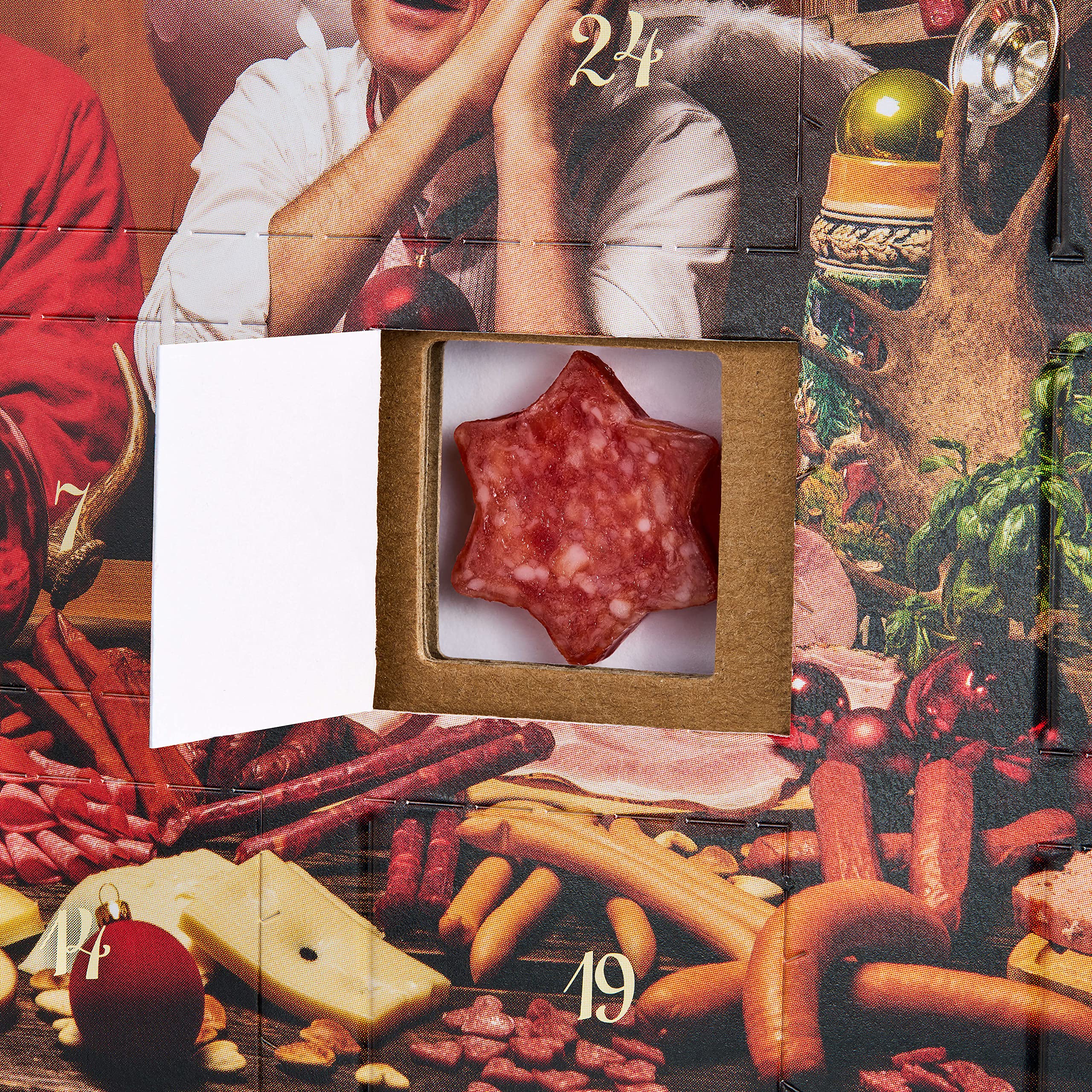 Calendario dell'Avvento WURSTBARON® Salame piccante – 24 mini stelle e cuori di salsiccia, snack e dolcetti per Natale – alta qualità e sapori affumicati, 40,8 g