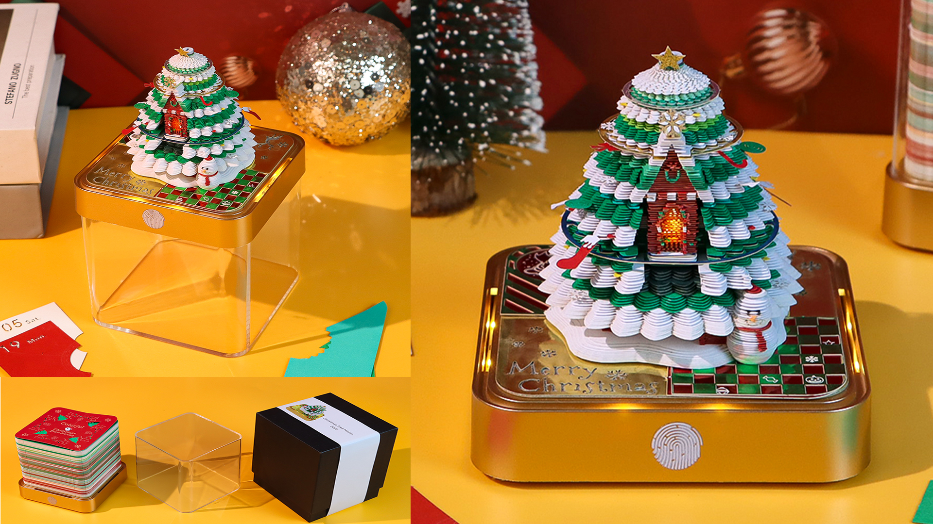 Calendrier 3D 2026 à Détacher - Sapin De Noël Papier Sculpté, Avec Lumière LED, Bloc Notes, Décoration Bureau Maison