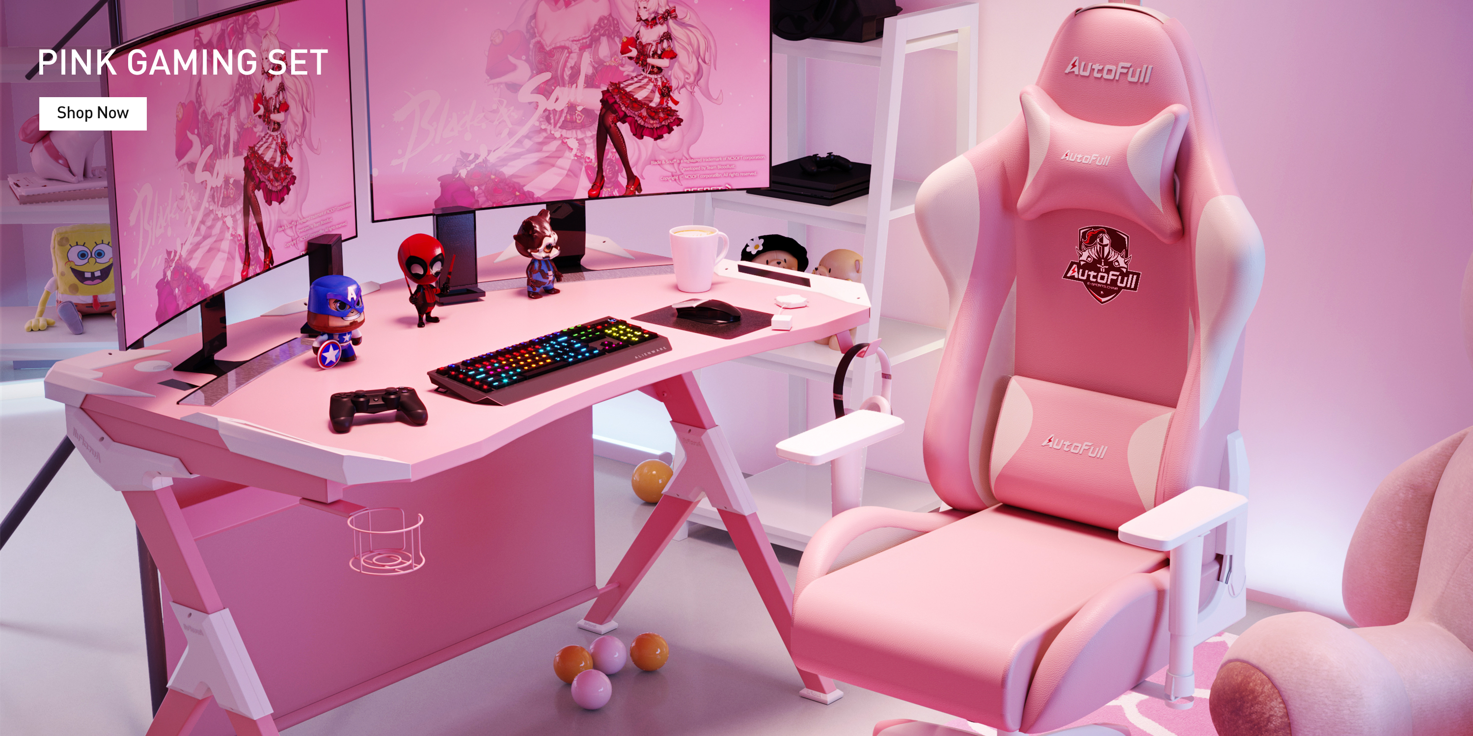 AutoFull Roze Gamingstoel, Pink Bureaustoel, PU-leer, Ergonomische Computerstoelen met Hoofdsteun en Kussens - Image 8