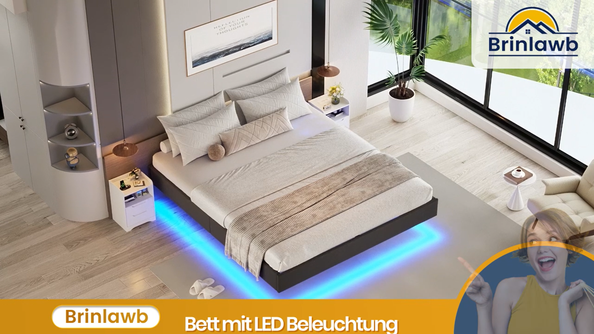 Brinlawb Bett 140x200 Mit LED Beleuchtung – Metallbett Mit Lattenrost, Ladestation, Stauraum, Schwebendes Design