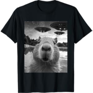 Funny Graphic Tee Capybara Selfie with UFOs Weird T-Shirt