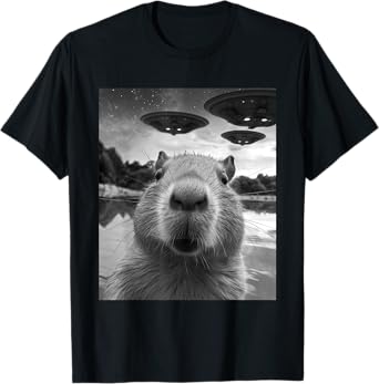 Funny Graphic Tee Capybara Selfie with UFOs Weird T-Shirt