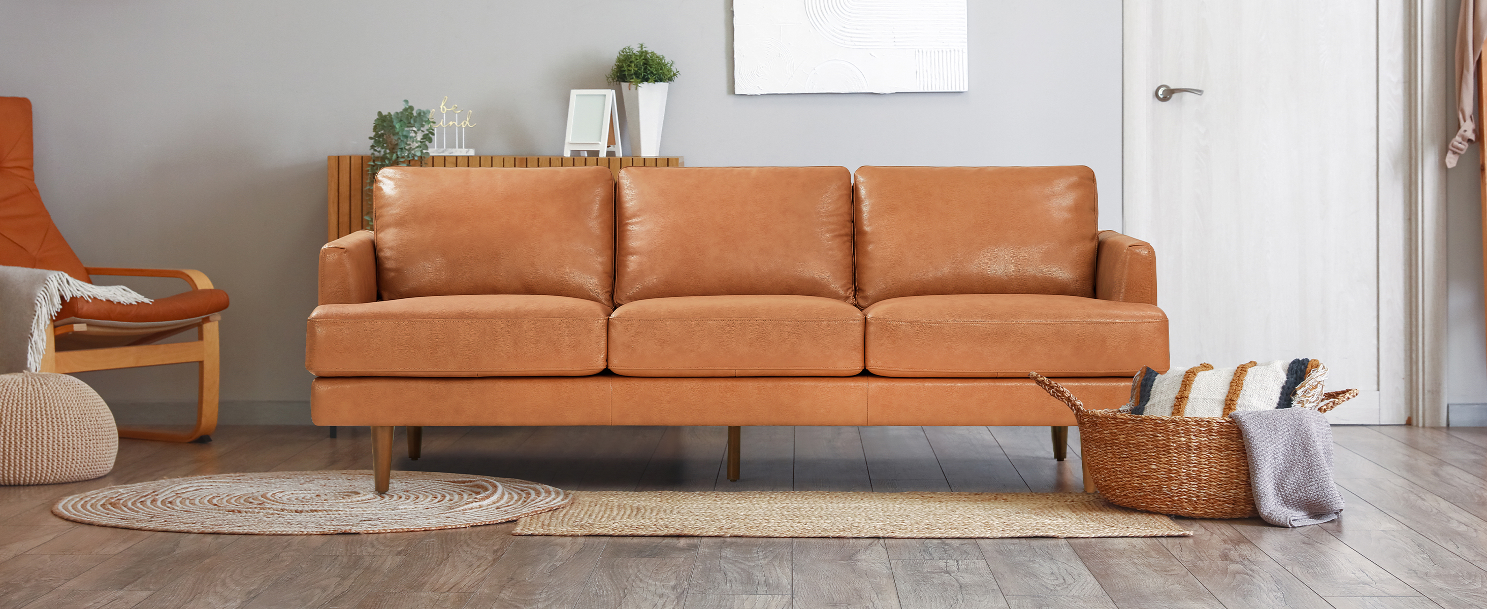 Valencia Grosseto 87” Cognac Tan Brown 3 Seater Full Leather Sofa