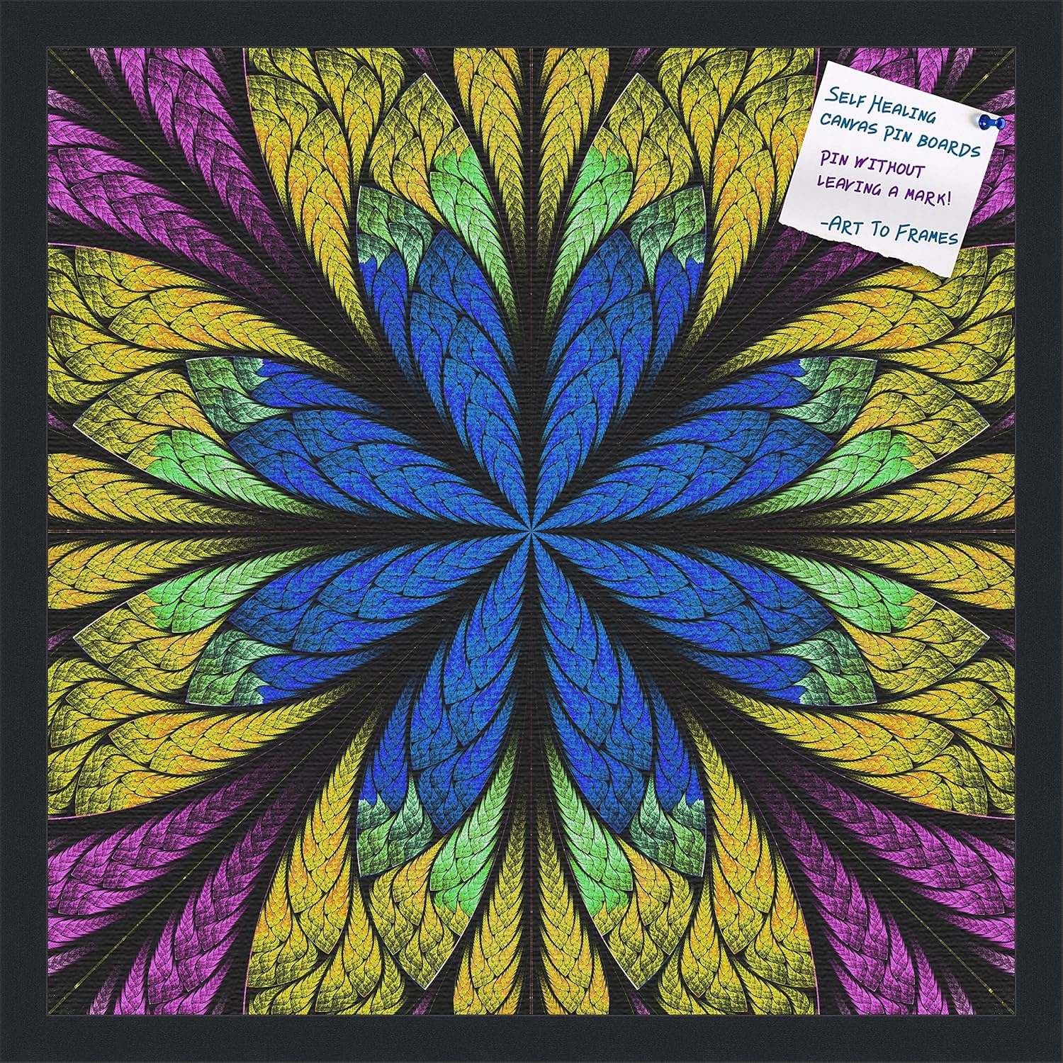 Decorative bulletin board made from self-healing canvas by PinPix, Fractal Psychedelic Flower printed at 20x20 and framed in Satin Black