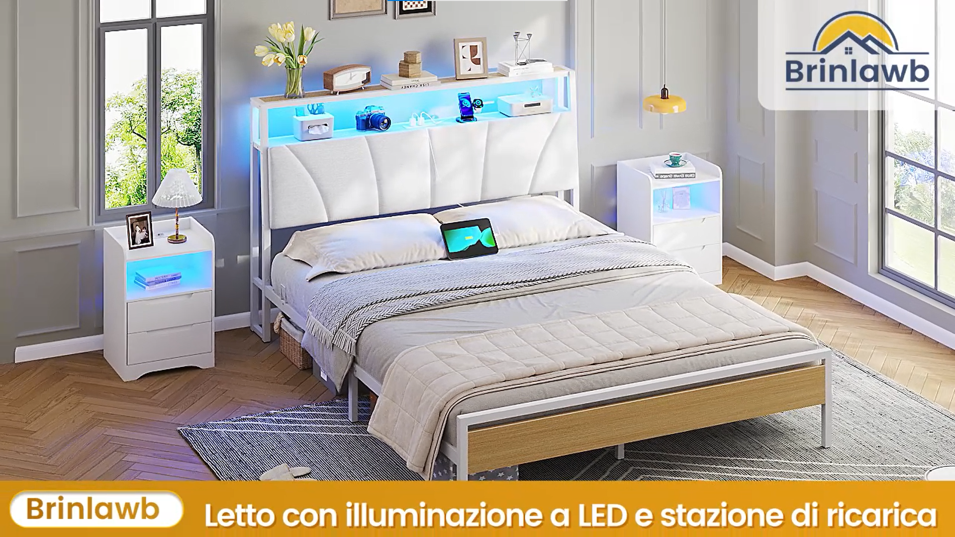 Letto Matrimoniale AOGLLATI 180x200 Cm Con Illuminazione LED E Stazione Di Ricarica USB/Type-C, Struttura In Metallo Con Effetto Fluttuante, Nero