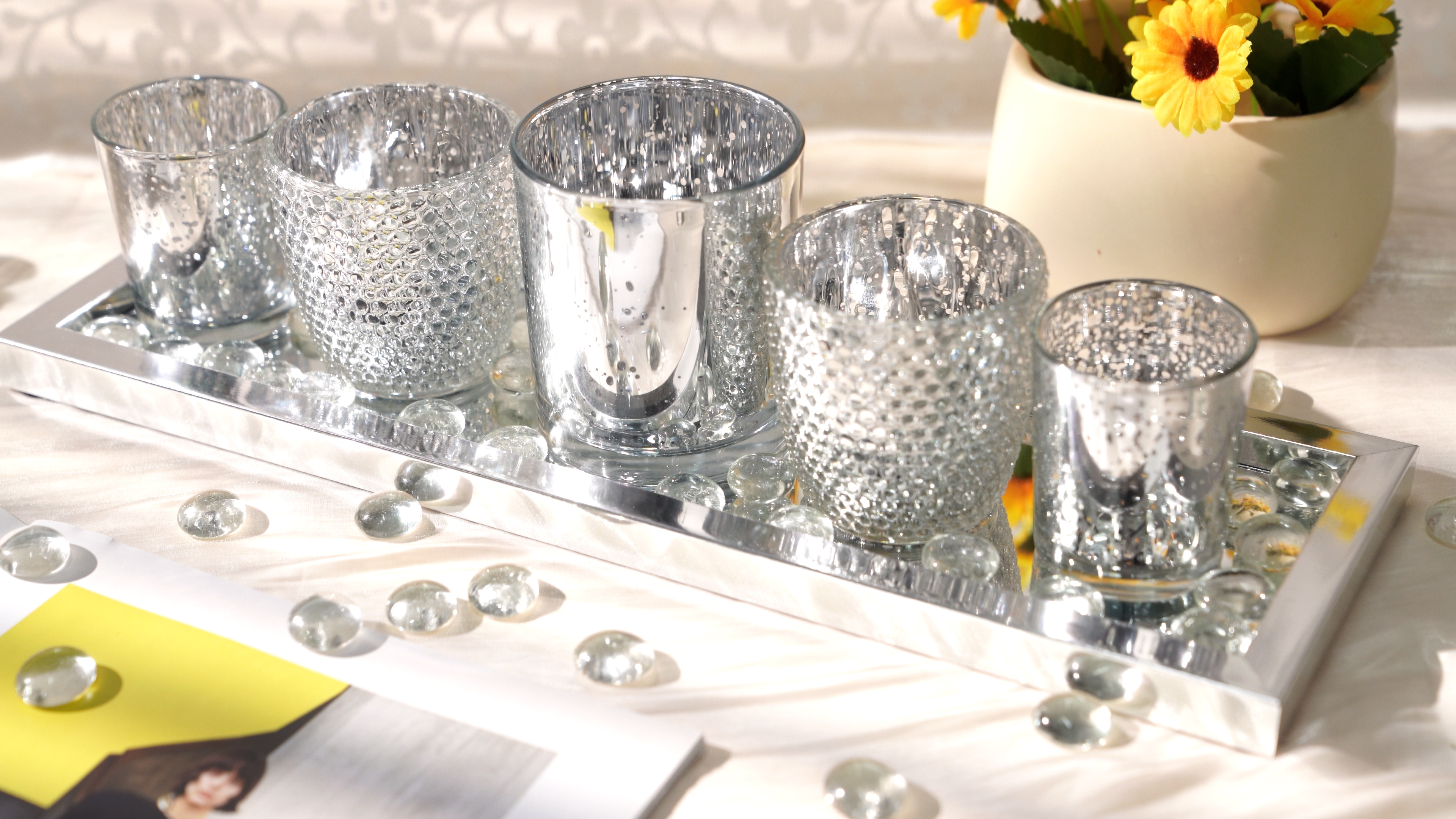 BSTKEY Lot De 3 Photophores En Verre Mosaïque - Décoration Romantique Pour Table, Mariage Et Intérieur (argenté)