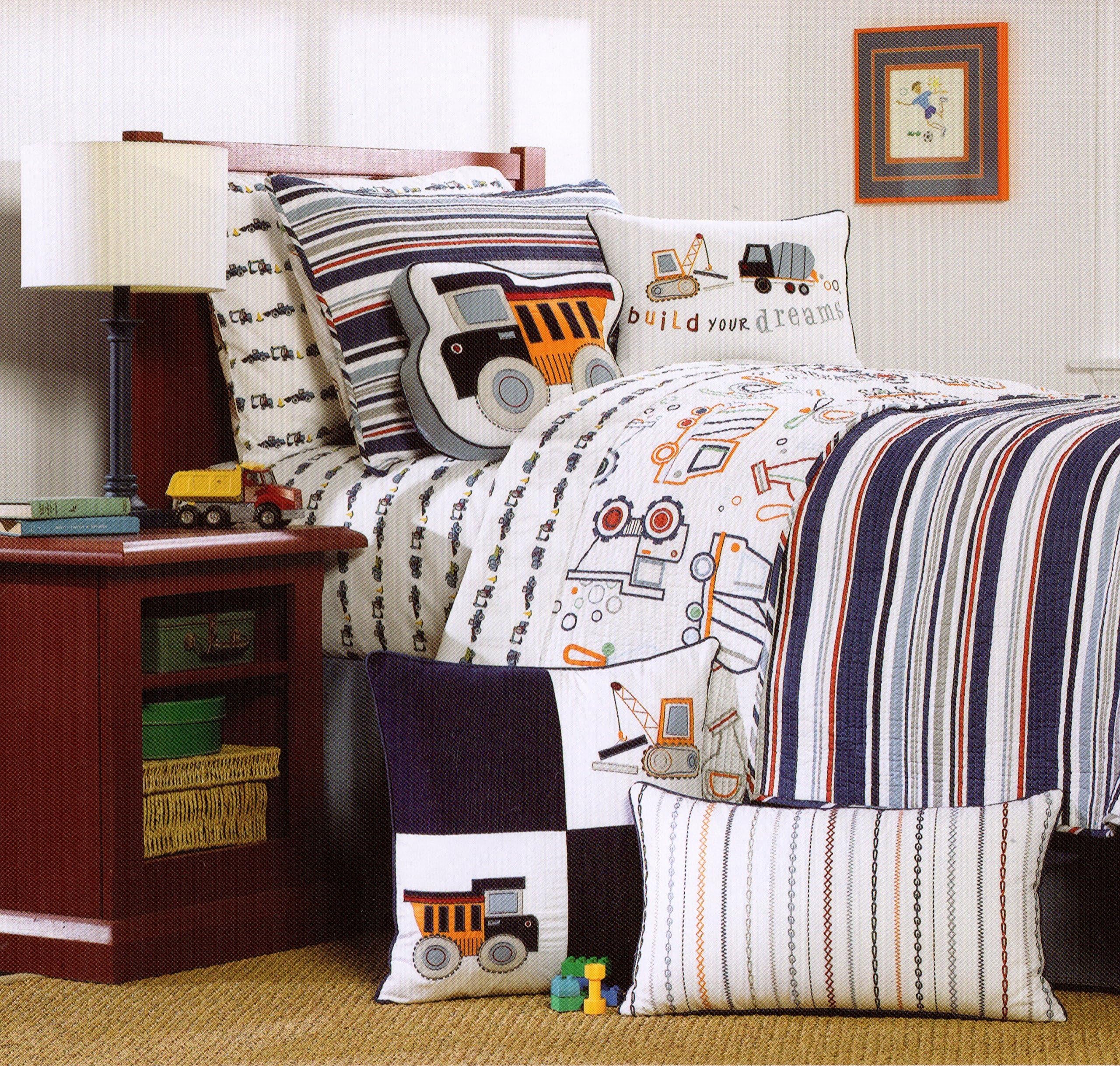 Toddler Bedding Cotton 2pc Twin Quilt Set Reversible Navy Blue Diggers Movers Trucks Construction Boys Bedding Quilted Bedspread