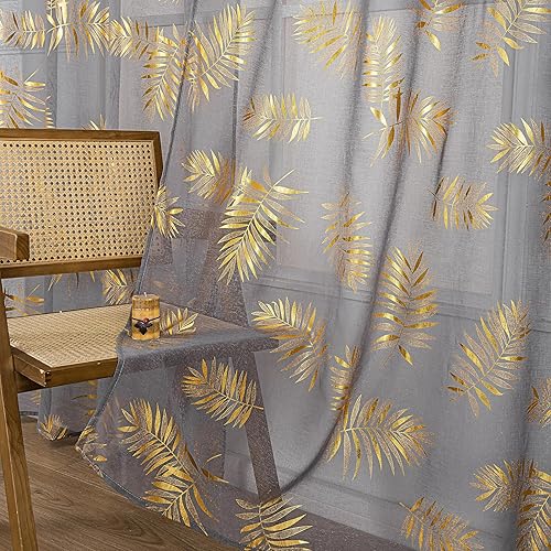 Sutuo Home Juego de 2 paneles de cortinas traslúcidas color gris oscuro de 96 pulgadas de largo, estampado dorado metalizado con hojas tropicales